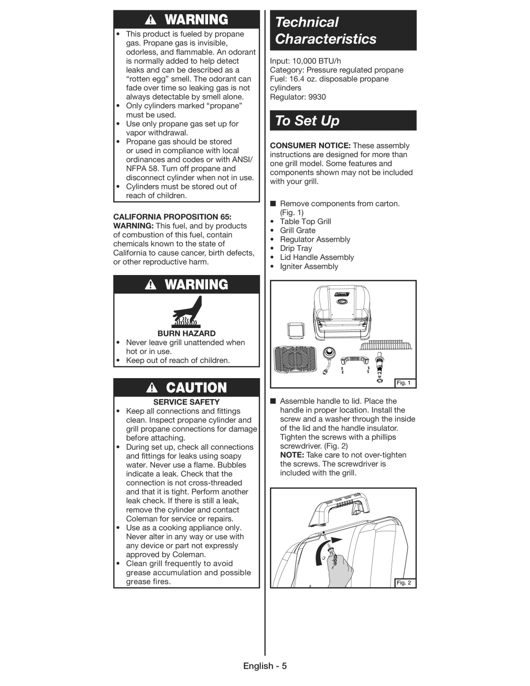 Coleman 9930 instruction manual Technical Characteristics, To Set Up, Burn Hazard, Service Safety 