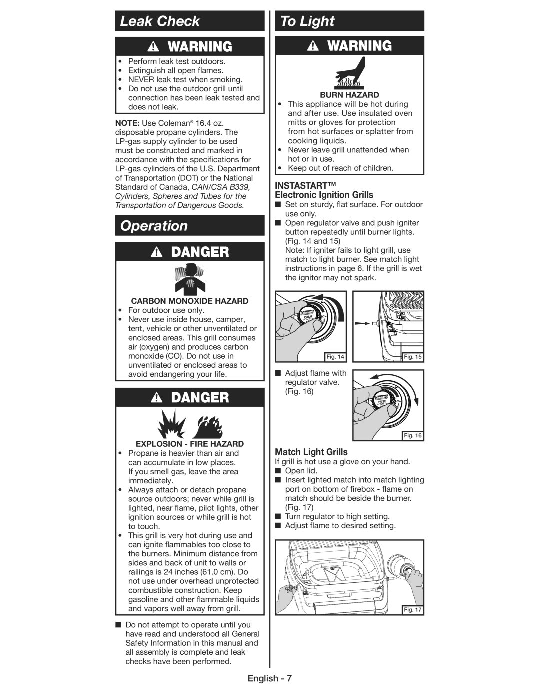 Coleman 9930 instruction manual Leak Check, Operation To Light, Electronic Ignition Grills, Match Light Grills 