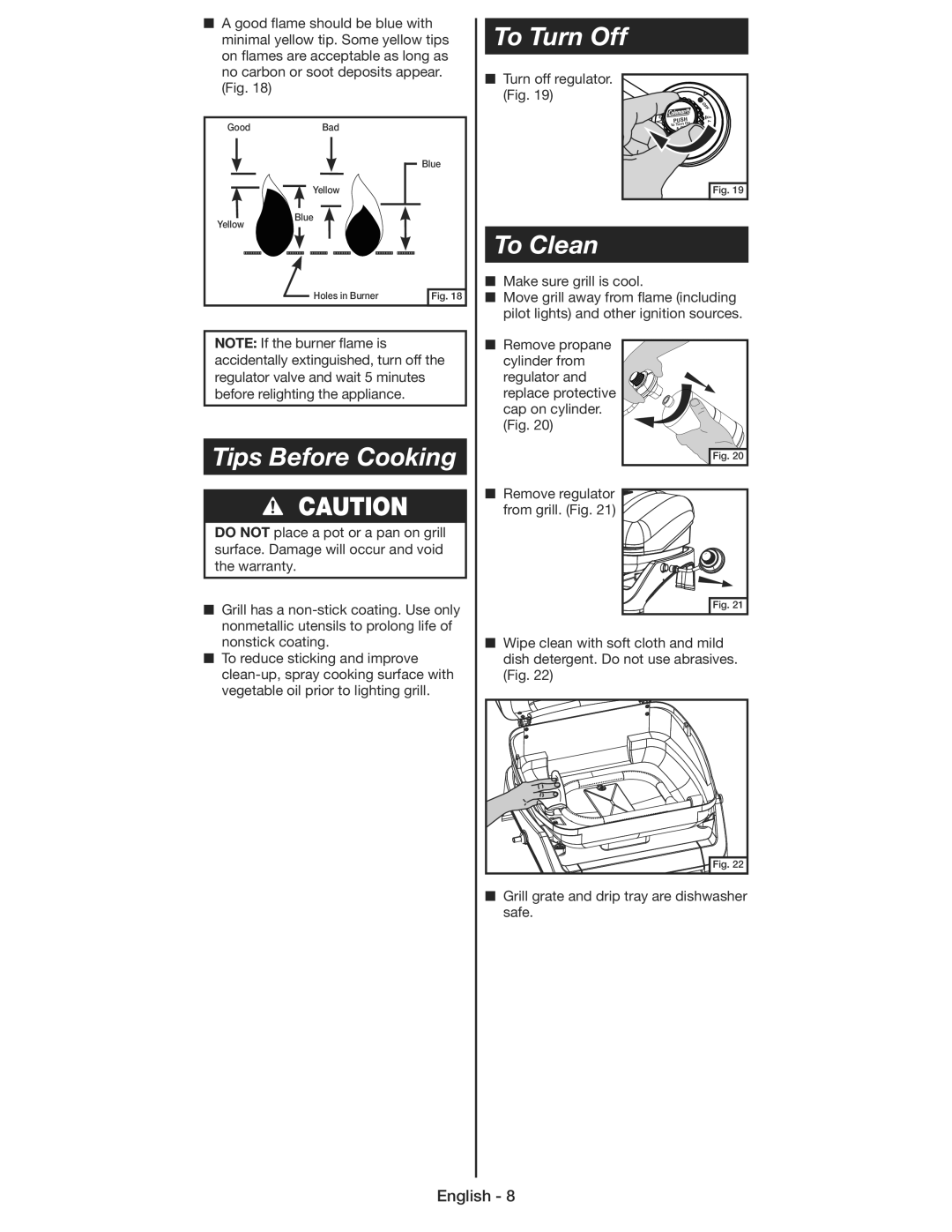 Coleman 9930 instruction manual To Turn Off, Tips Before Cooking, To Clean 