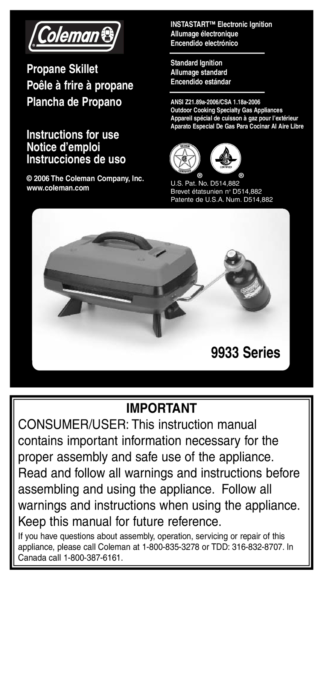 Coleman 9933 instruction manual Series 