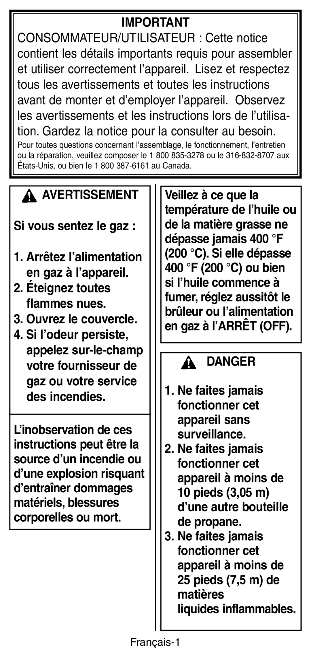 Coleman 9933 instruction manual Avertissement, Français-1 