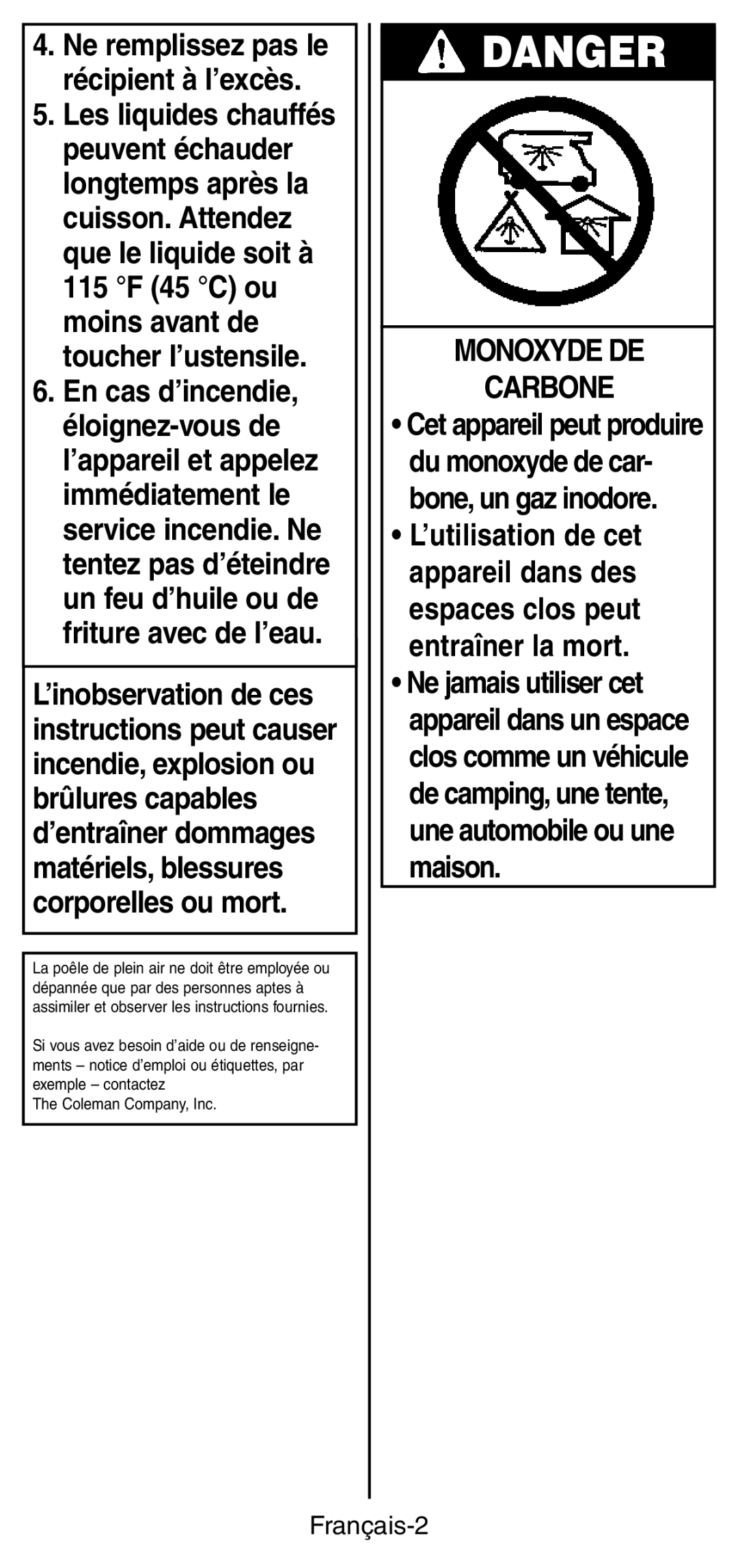 Coleman 9933 instruction manual Monoxyde DE Carbone, Français-2 