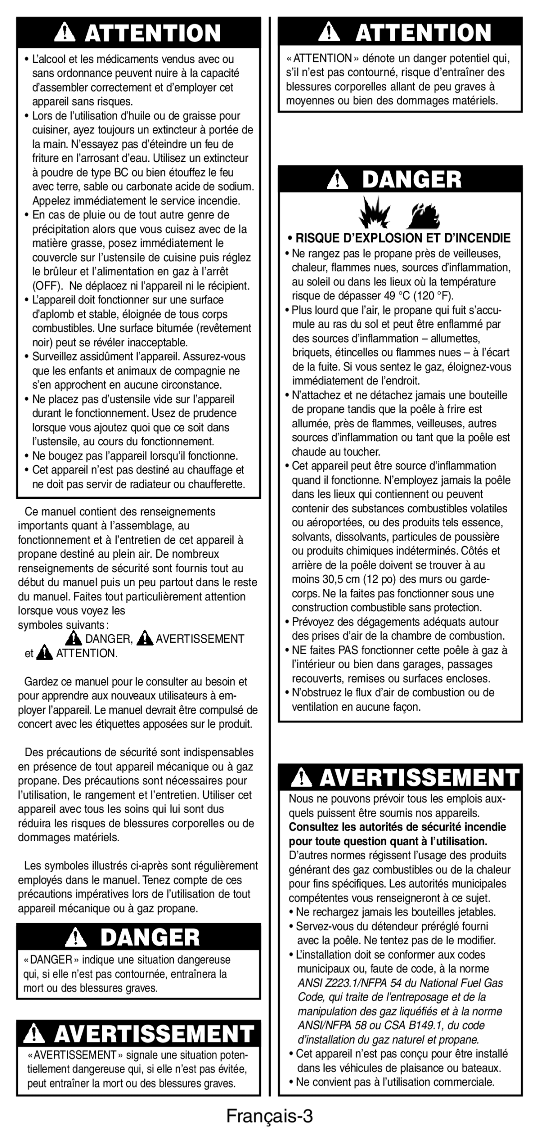 Coleman 9933 instruction manual Avertissement, Français-3 