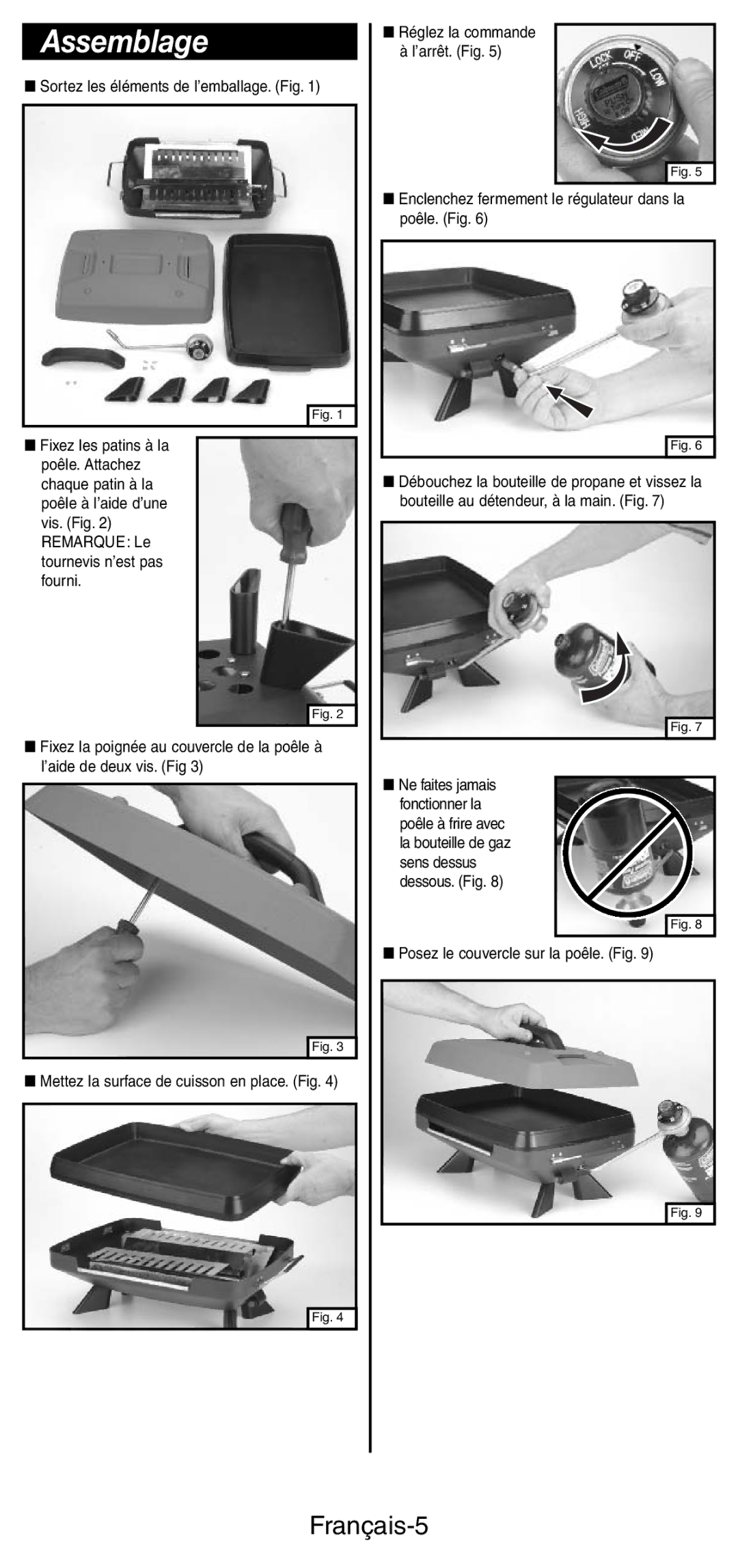 Coleman 9933 instruction manual Assemblage, Français-5 