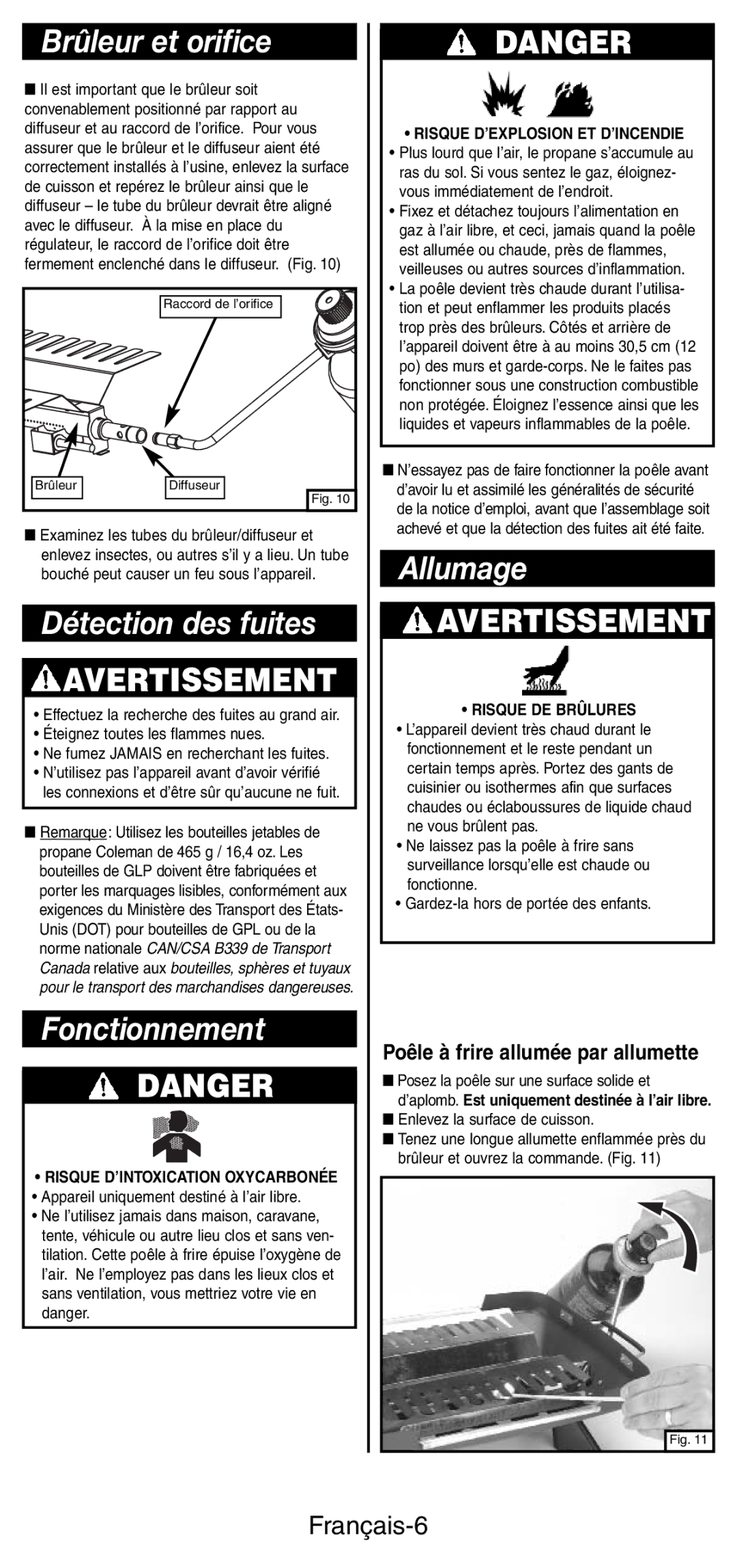 Coleman 9933 instruction manual Brûleur et orifice, Détection des fuites, Fonctionnement, Allumage, Français-6 