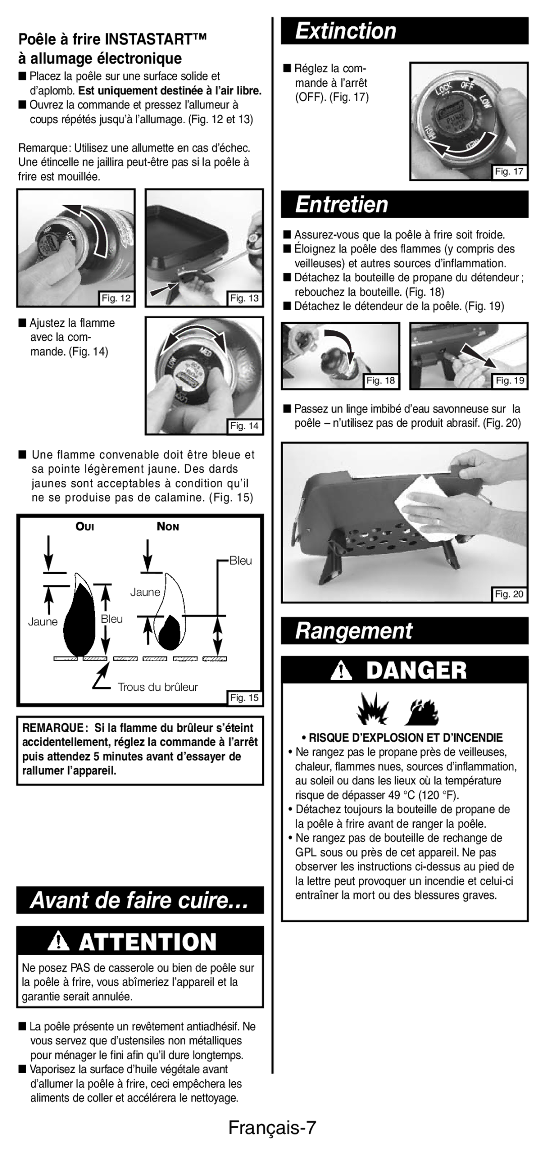 Coleman 9933 instruction manual Avant de faire cuire…, Extinction, Entretien, Rangement, Français-7 