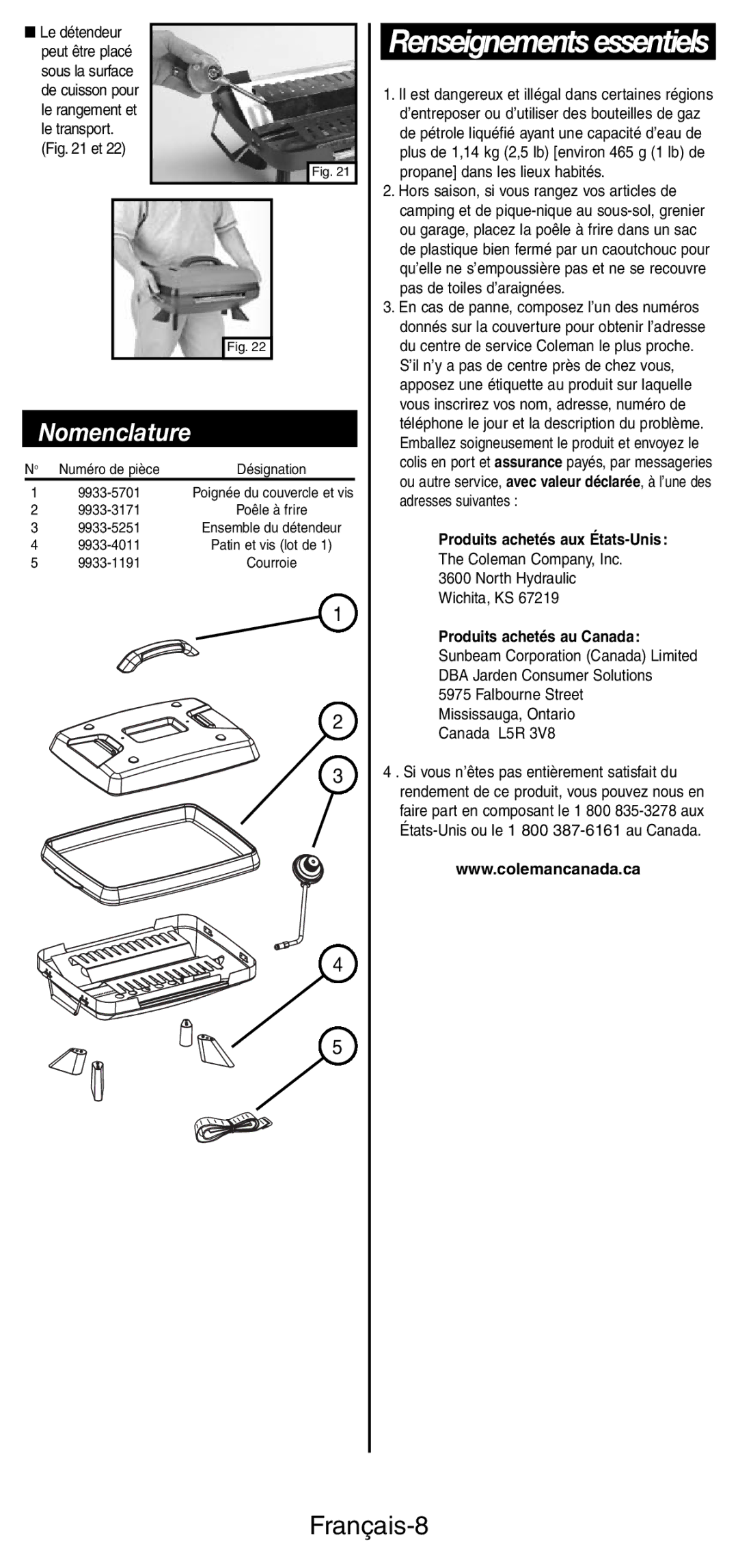 Coleman 9933 instruction manual Renseignements essentiels, Français-8 