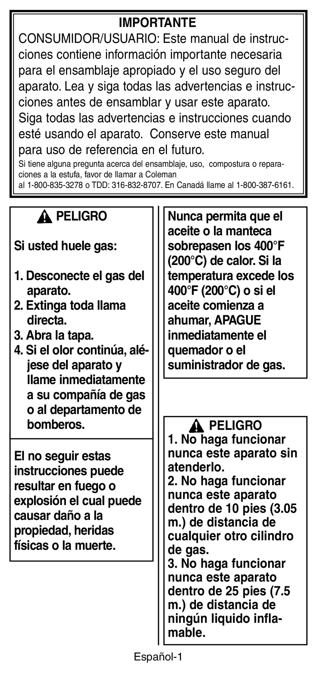 Coleman 9933 instruction manual Importante, Peligro, Español-1 