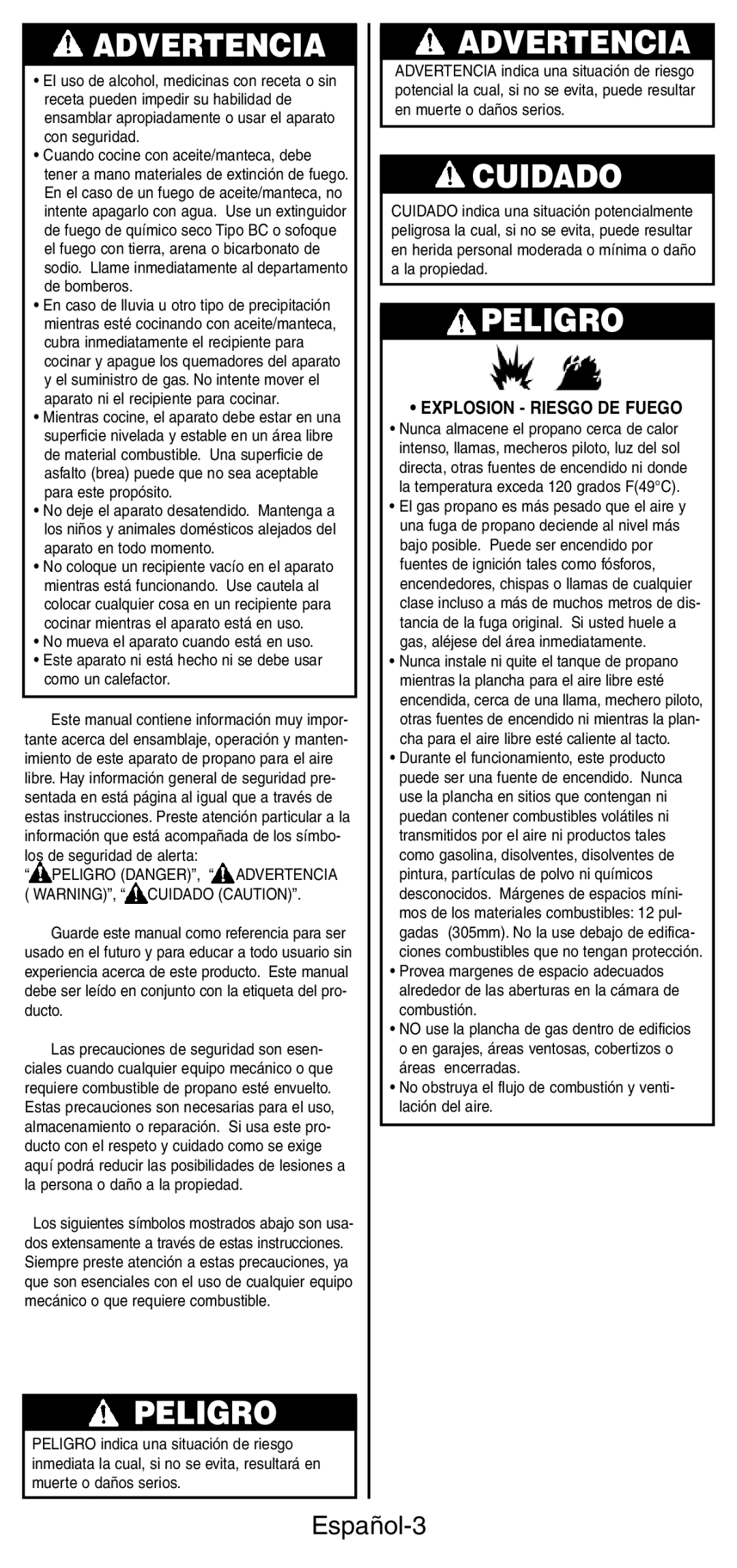 Coleman 9933 instruction manual Español-3, Explosion Riesgo DE Fuego 