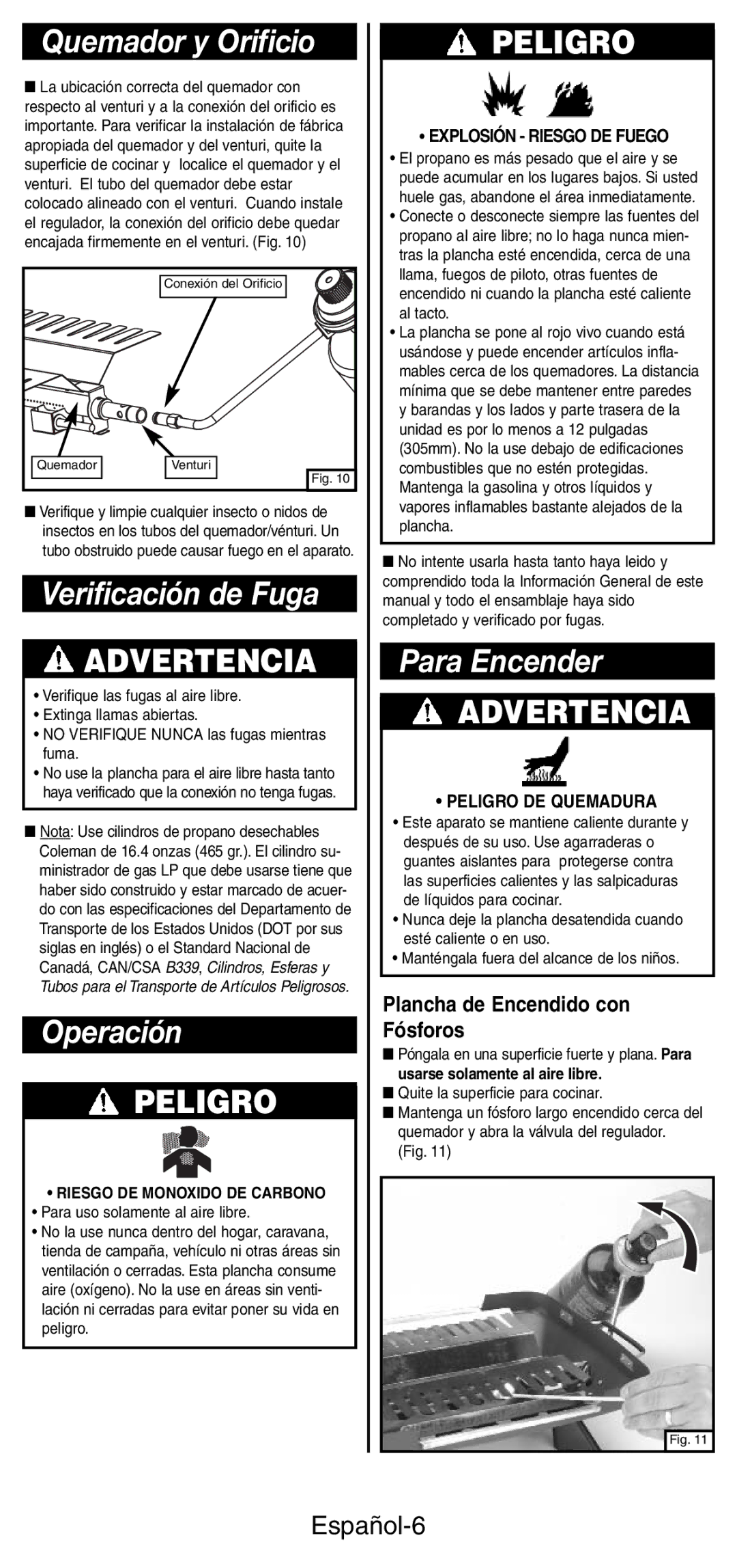 Coleman 9933 instruction manual Quemador y Orificio, Verificación de Fuga, Operación, Para Encender, Español-6 