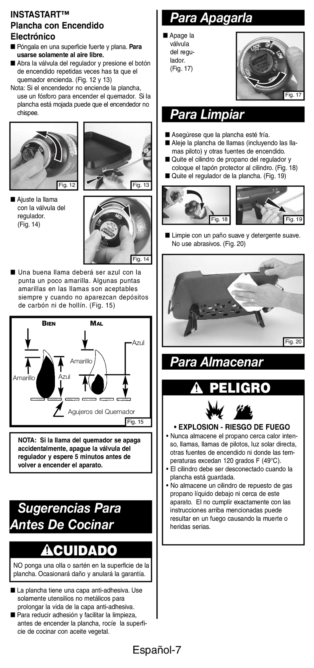 Coleman 9933 instruction manual Para Apagarla, Para Limpiar, Para Almacenar, Español-7 