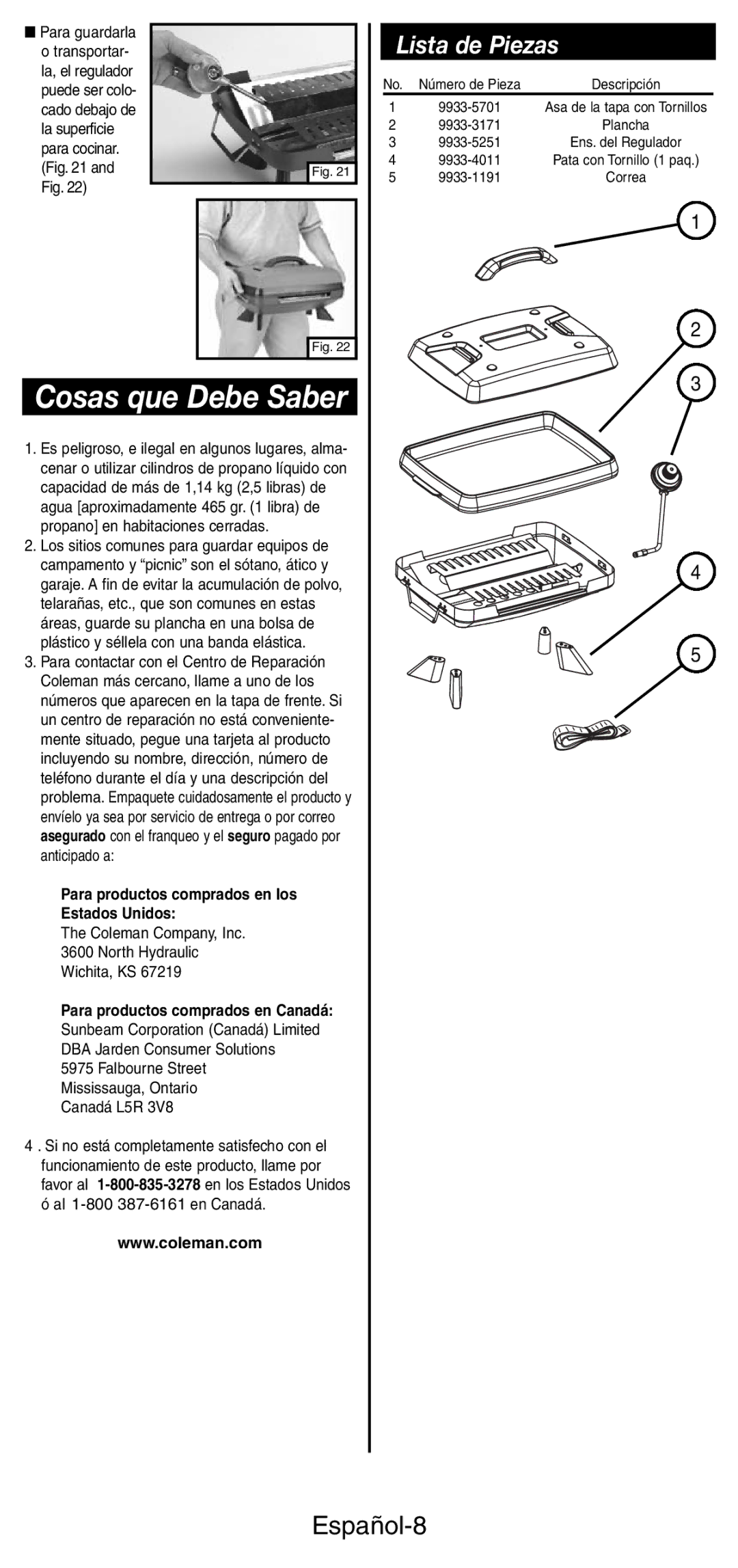 Coleman 9933 instruction manual Cosas que Debe Saber, Lista de Piezas, Español-8 