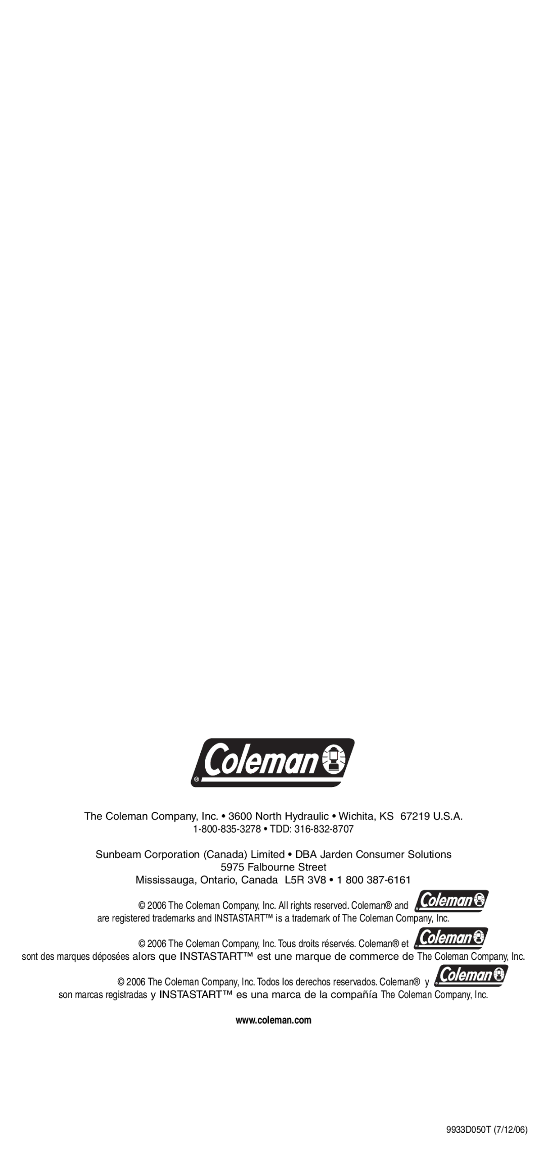 Coleman 9933 instruction manual 