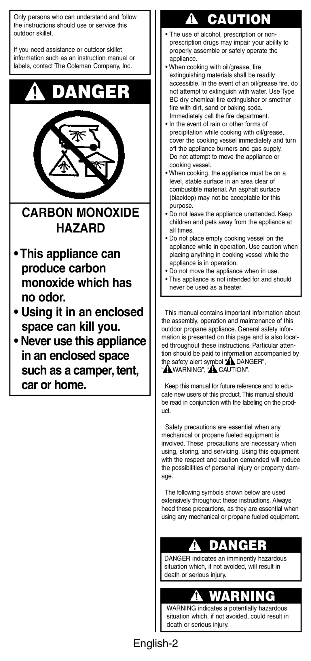 Coleman 9933 instruction manual Carbon Monoxide Hazard, English-2 