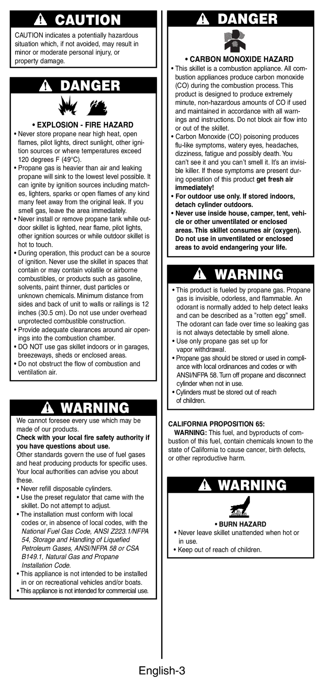 Coleman 9933 instruction manual English-3, Explosion Fire Hazard, Carbon Monoxide Hazard 