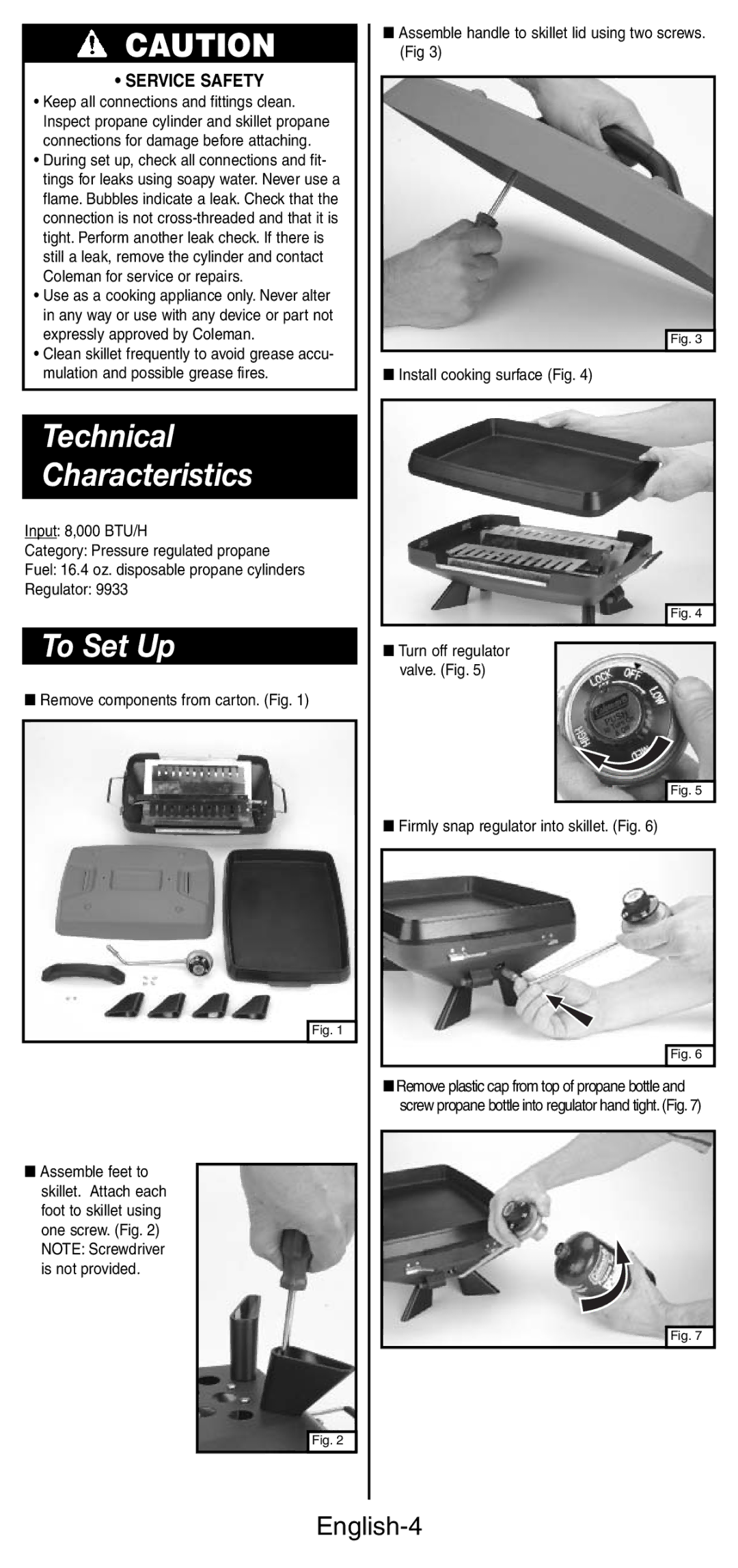 Coleman 9933 instruction manual Technical Characteristics, To Set Up, English-4, Service Safety 