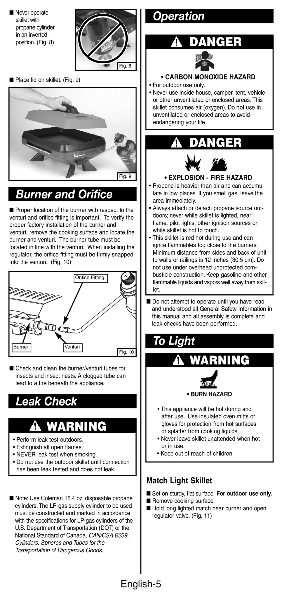 Coleman 9933 instruction manual Operation, Burner and Orifice, Leak Check, To Light, English-5 