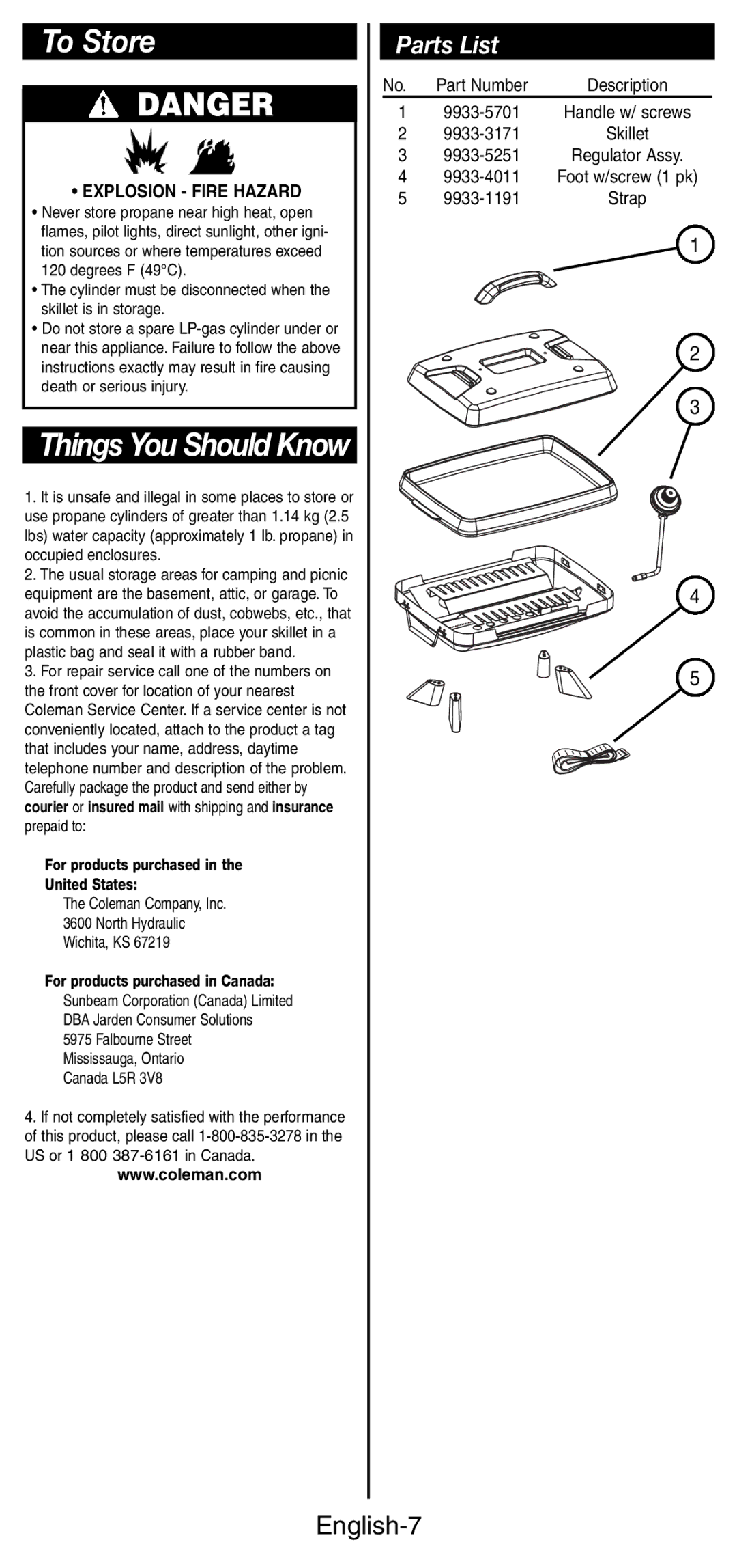 Coleman 9933 instruction manual To Store, Parts List, English-7 