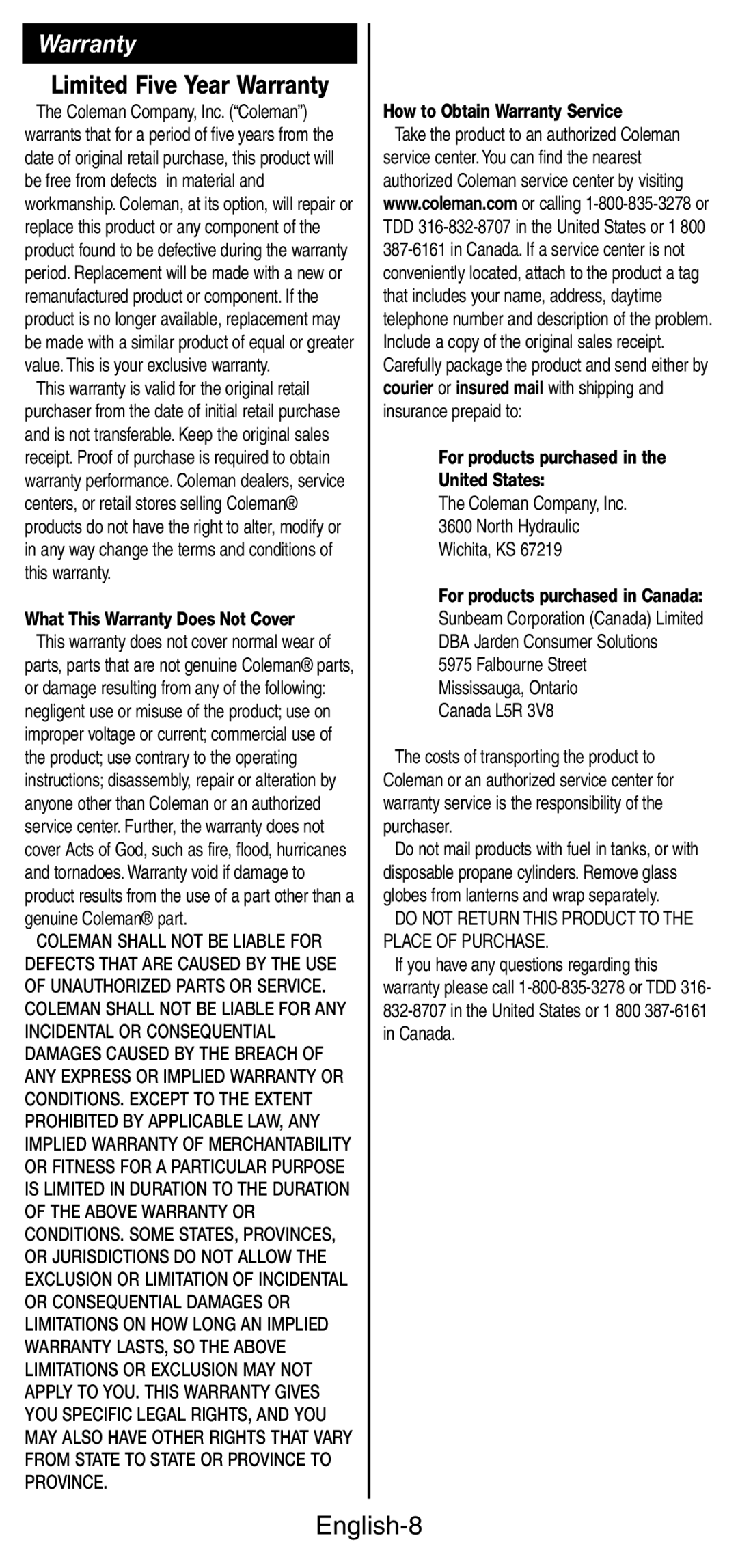 Coleman 9933 instruction manual Warranty, English-8 