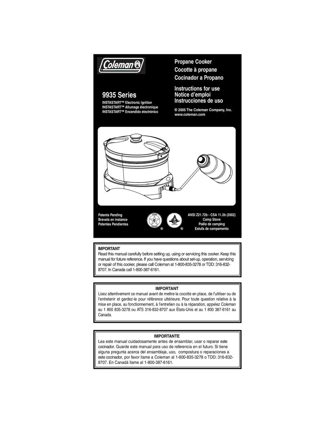 Coleman 9935 series manual Series, Importante 