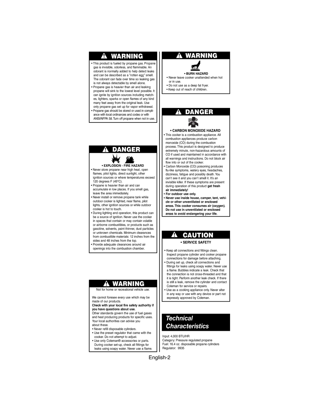 Coleman 9935 series manual Technical Characteristics, Carbon Monoxide Hazard, Service Safety 