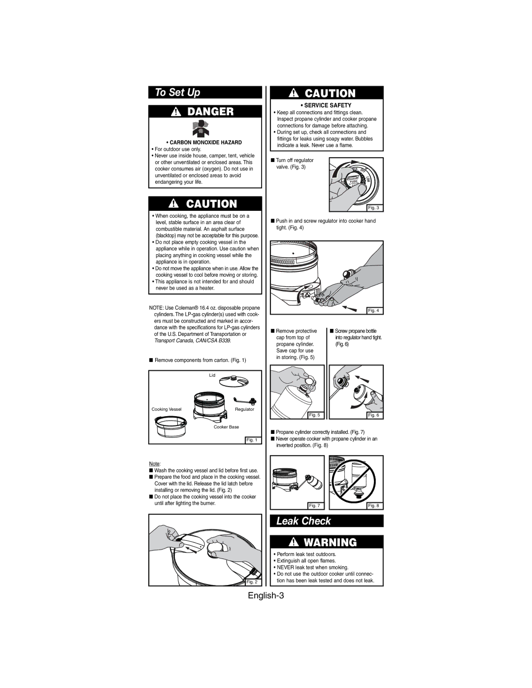 Coleman 9935 series manual To Set Up, Leak Check, For outdoor use only, Never use inside house, camper, tent, vehicle 