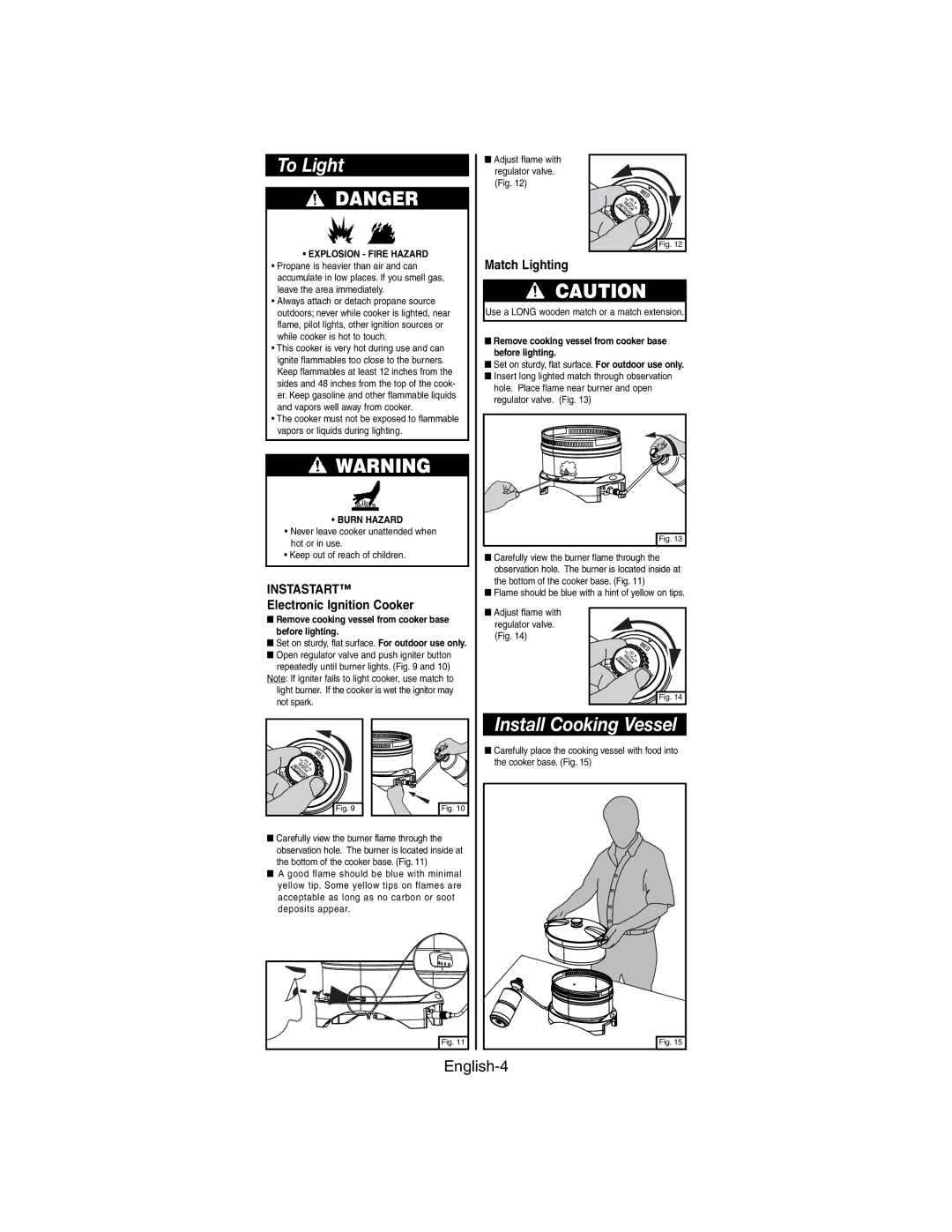 Coleman 9935 series To Light, Install Cooking Vessel, Instastart, Remove cooking vessel from cooker base, Before lighting 