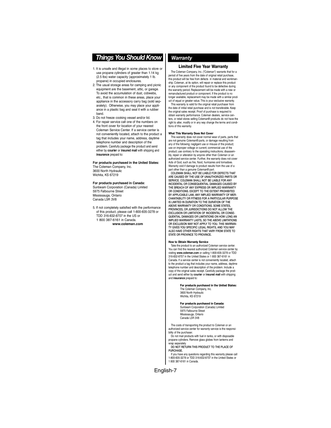 Coleman 9935 series manual Warranty, For products purchased in the United States, For products purchased in Canada 