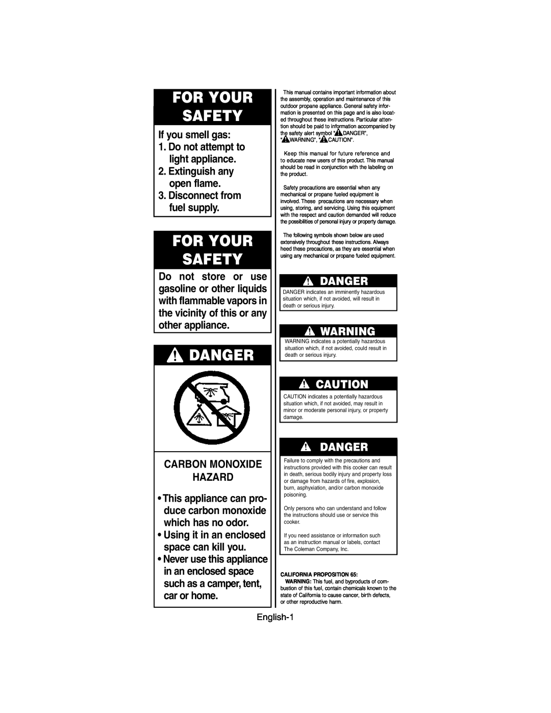 Coleman 9935 series Danger, English-1, For Your Safety, If you smell gas, Carbon Monoxide Hazard, California Proposition 