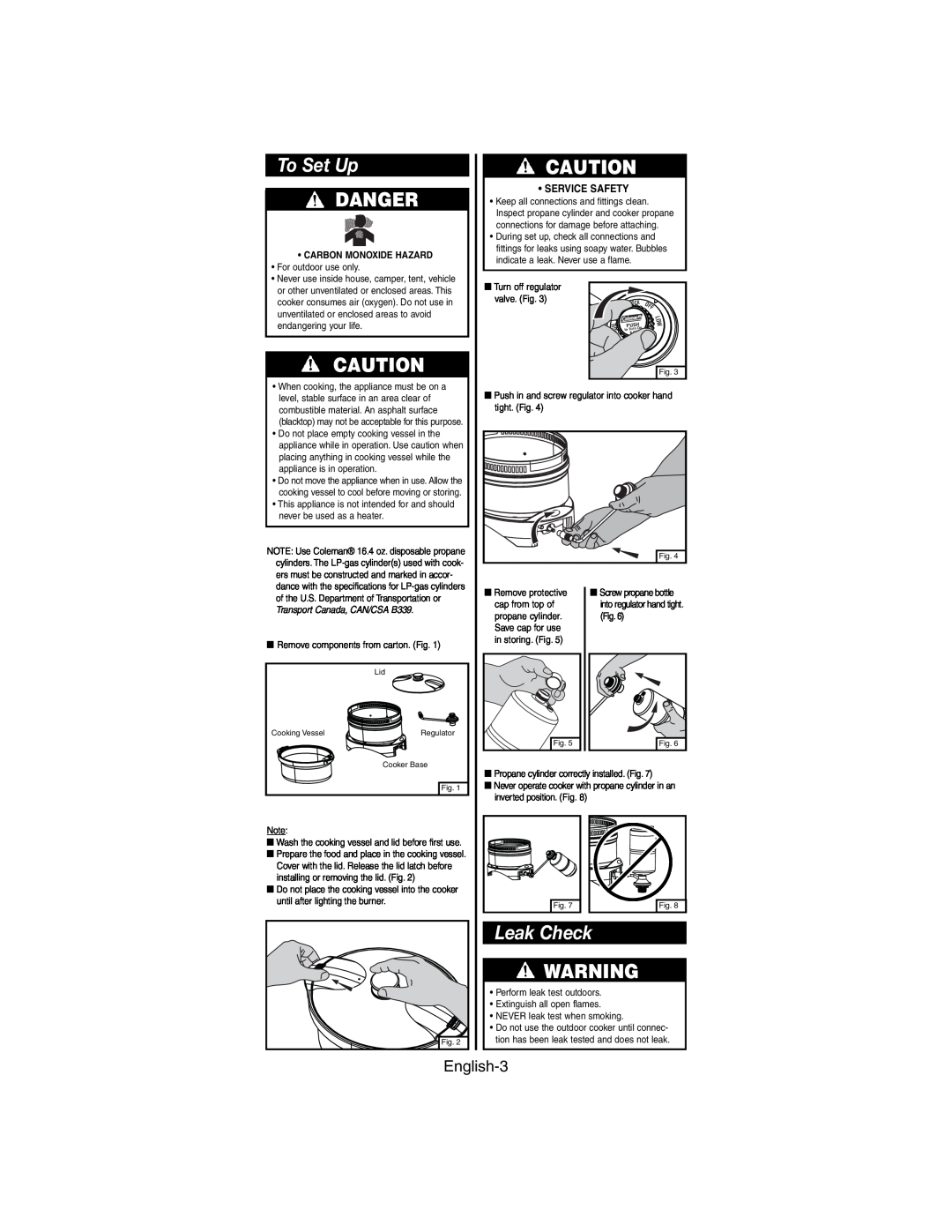 Coleman 9935 series manual To Set Up, Leak Check, English-3, Danger, Service Safety, Carbon Monoxide Hazard 