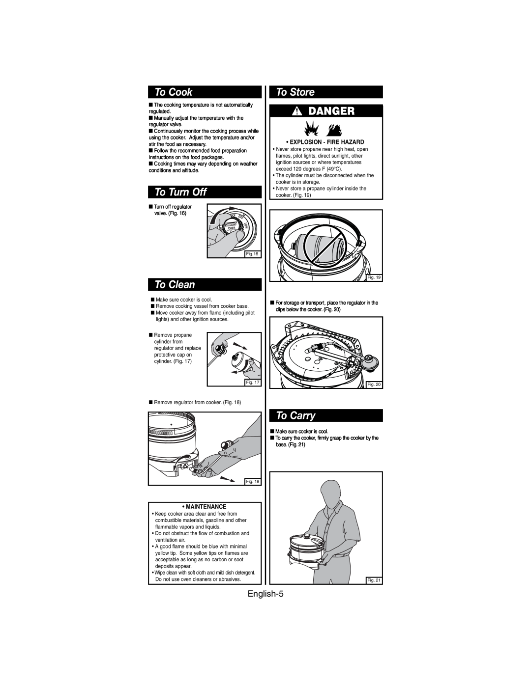 Coleman 9935 series manual To Cook, To Turn Off, To Store, To Clean, To Carry, English-5, Danger, Explosion - Fire Hazard 