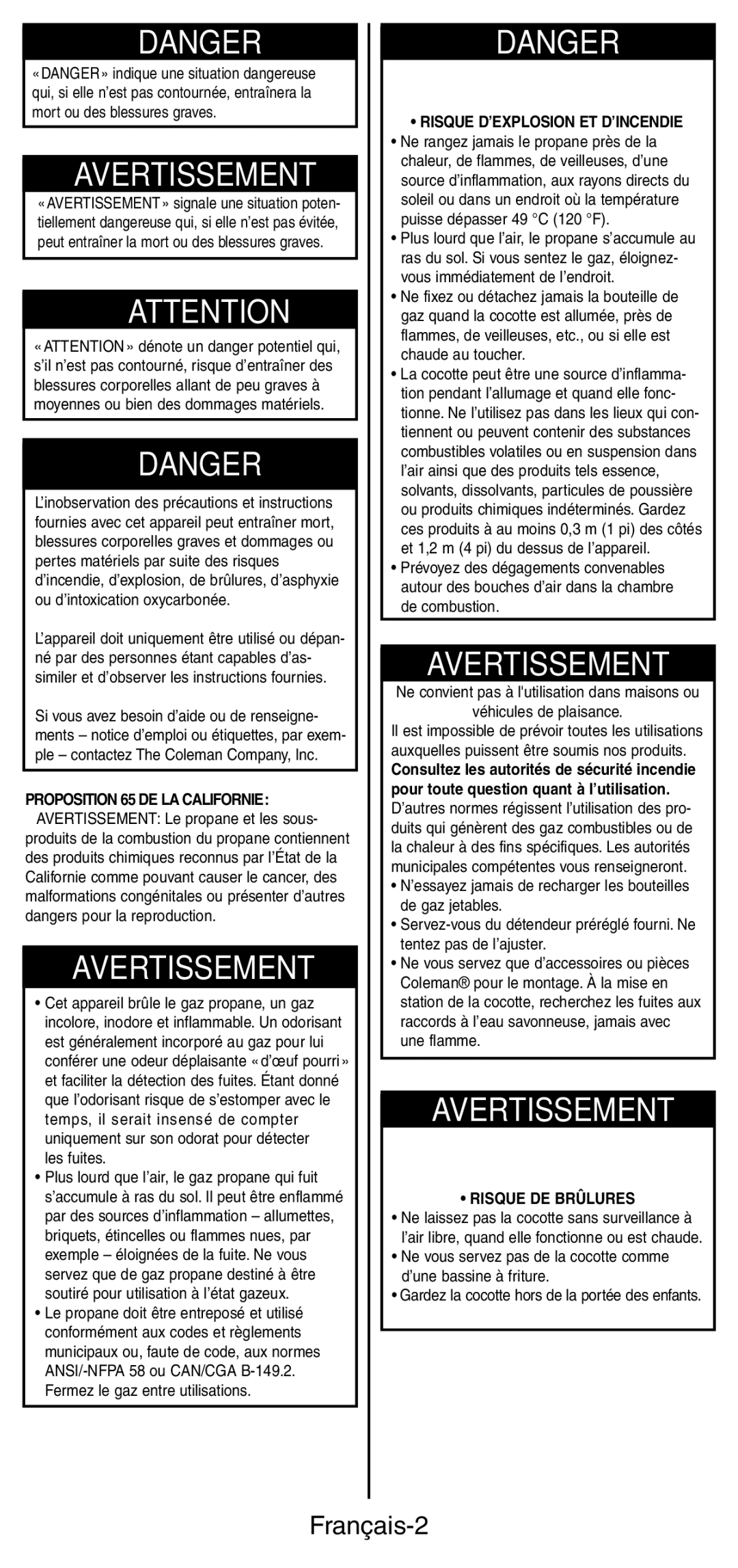 Coleman 9935 manual Français-2, Risque D’EXPLOSION ET D’INCENDIE, Risque DE Brûlures 