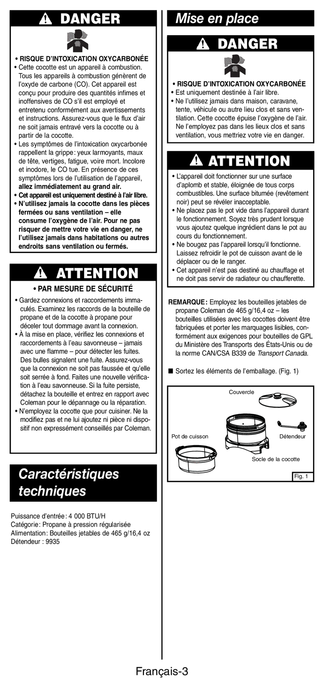 Coleman 9935 manual Mise en place, Français-3, PAR Mesure DE Sécurité, Risque D’INTOXICATION Oxycarbonée 