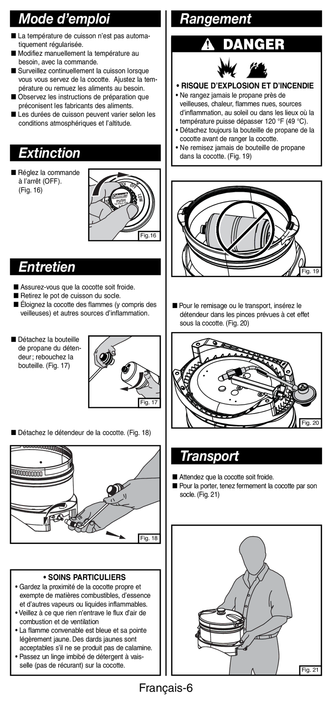 Coleman 9935 manual Mode d’emploi, Rangement, Extinction, Entretien, Transport 