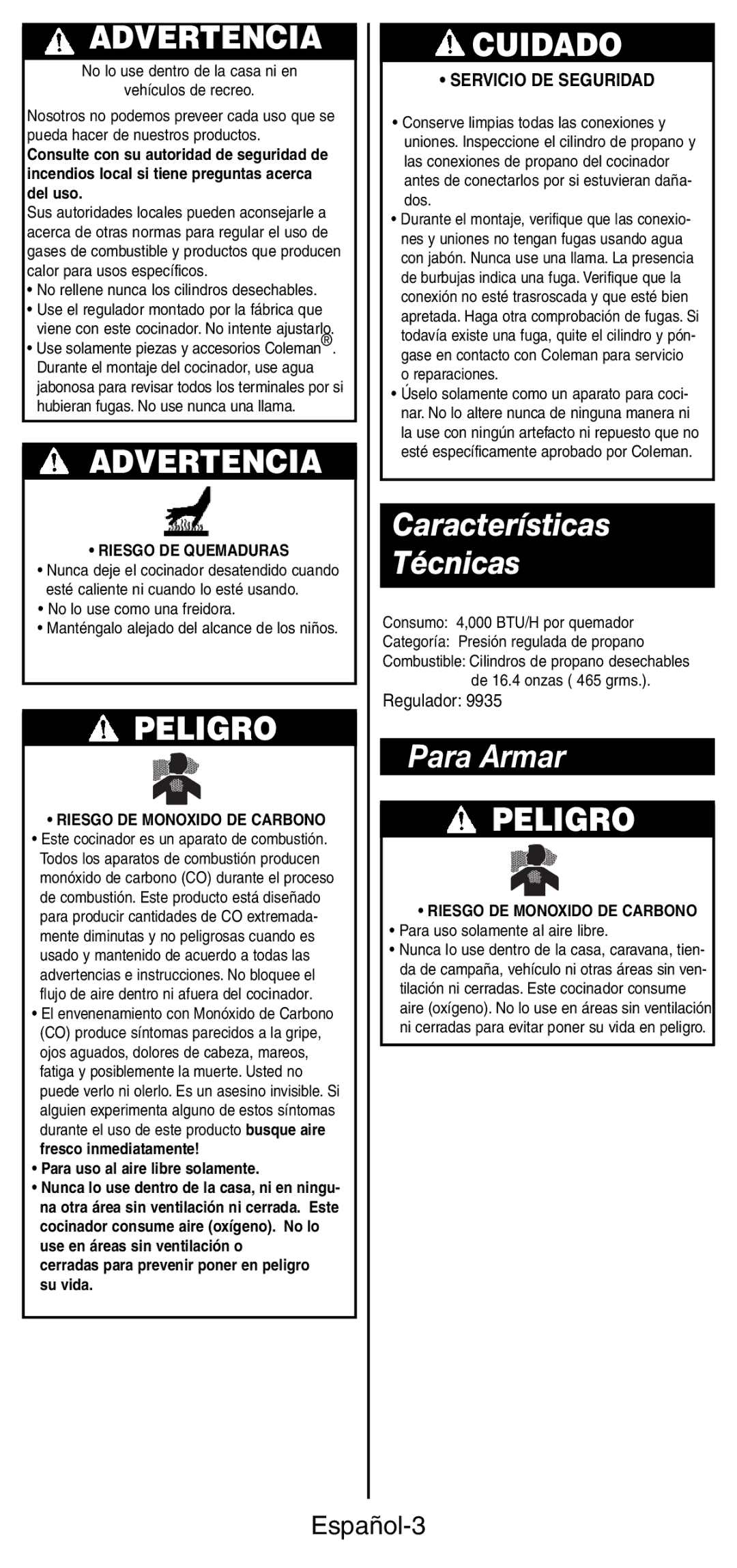 Coleman 9935 manual Características Técnicas, Para Armar, Español-3, Servicio DE Seguridad 