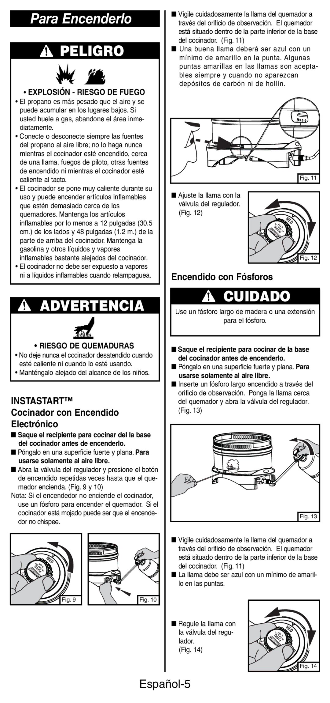 Coleman 9935 manual Para Encenderlo, Español-5, Riesgo DE Quemaduras, Explosión Riesgo DE Fuego 