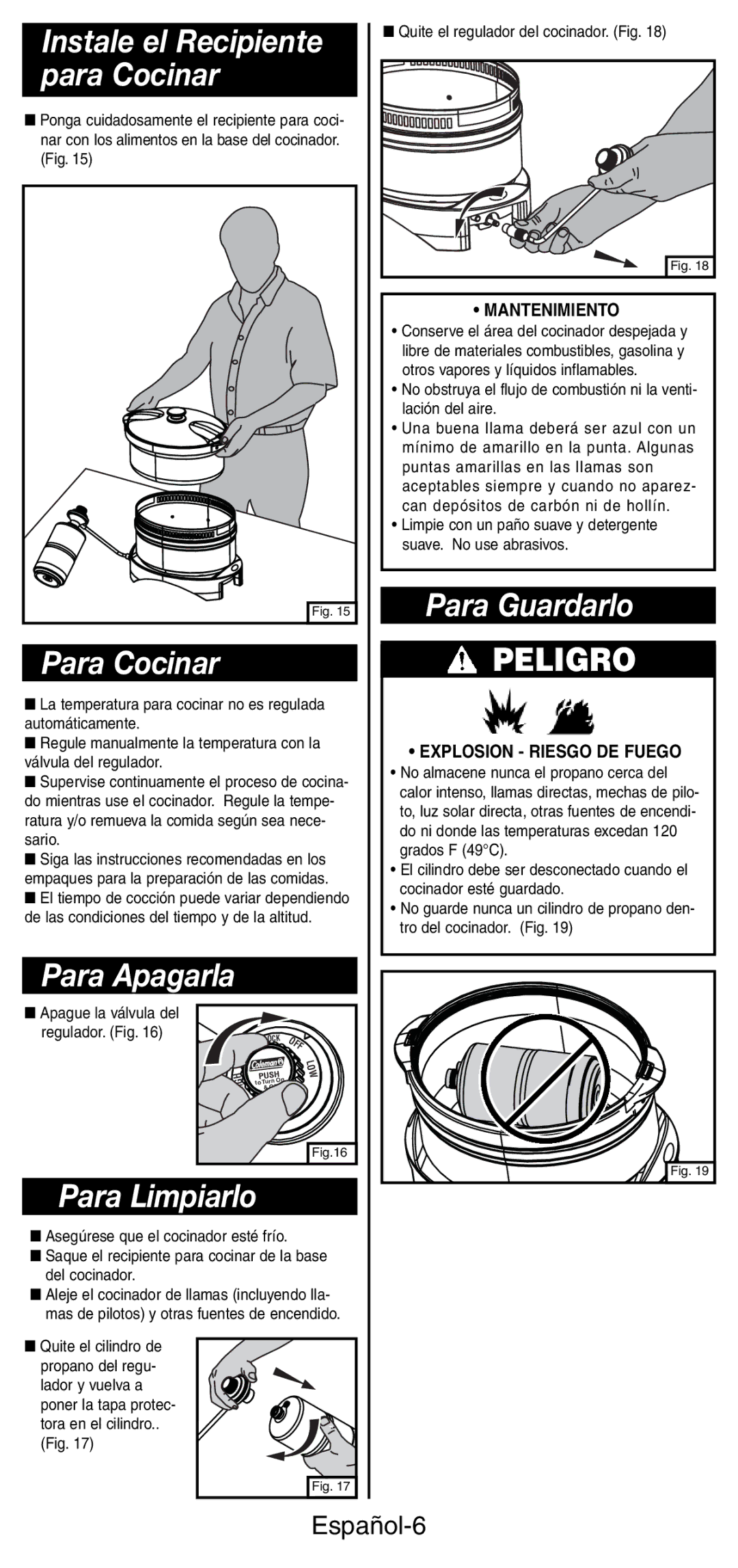 Coleman 9935 manual Para Cocinar, Para Apagarla, Para Guardarlo, Para Limpiarlo, Español-6 