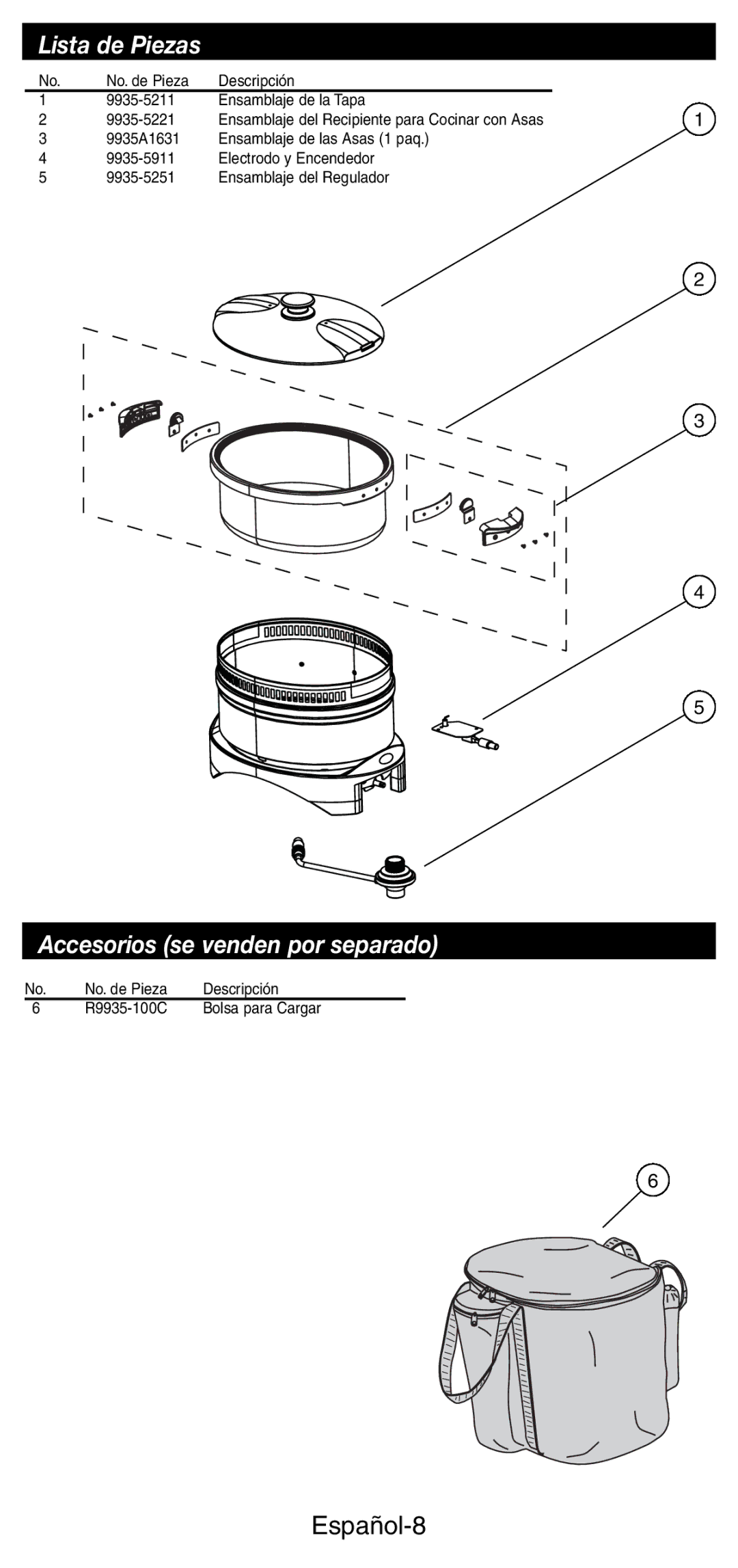 Coleman 9935 manual Lista de Piezas, Accesorios se venden por separado, Español-8 