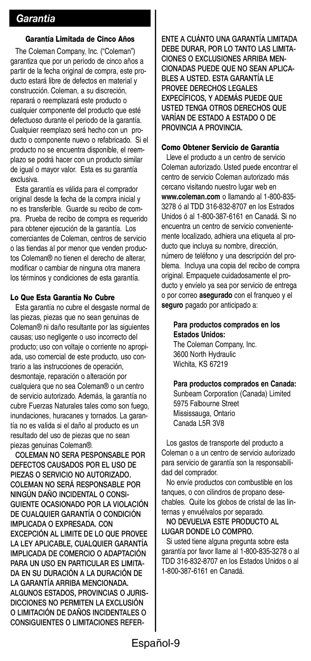 Coleman 9935 manual Garantia, Español-9 