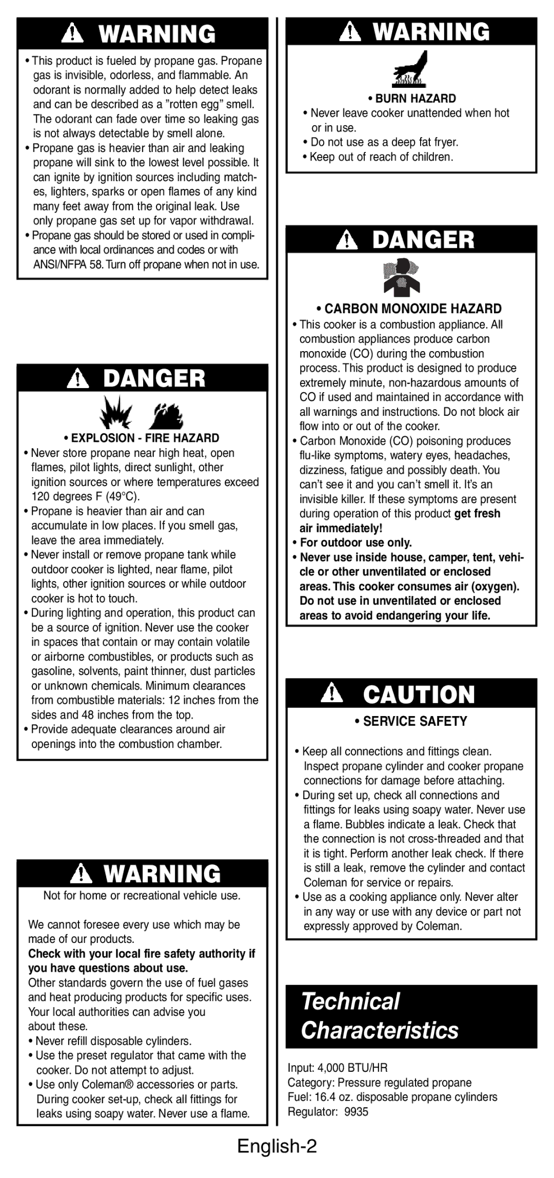 Coleman 9935 manual Technical Characteristics, English-2, Carbon Monoxide Hazard, Service Safety 