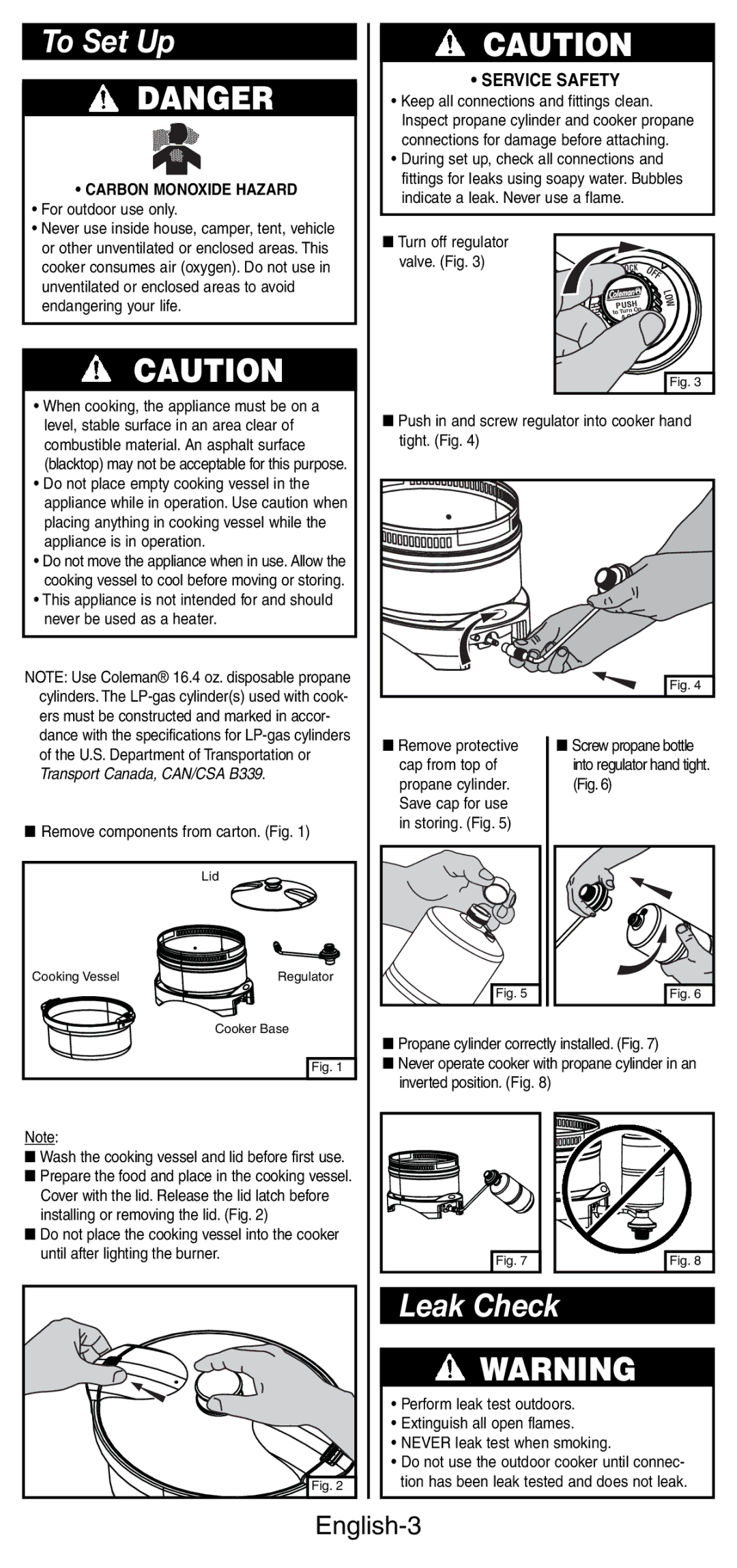 Coleman 9935 manual To Set Up, Leak Check, English-3, Carbon Monoxide Hazard 