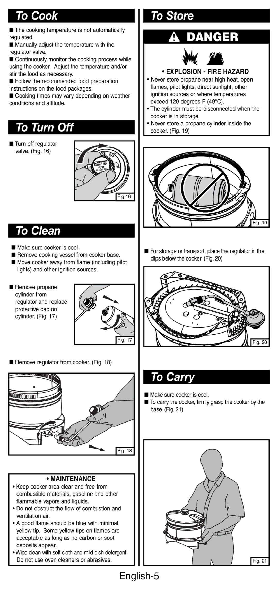 Coleman 9935 manual To Cook, To Turn Off To Store, To Clean, To Carry, English-5 