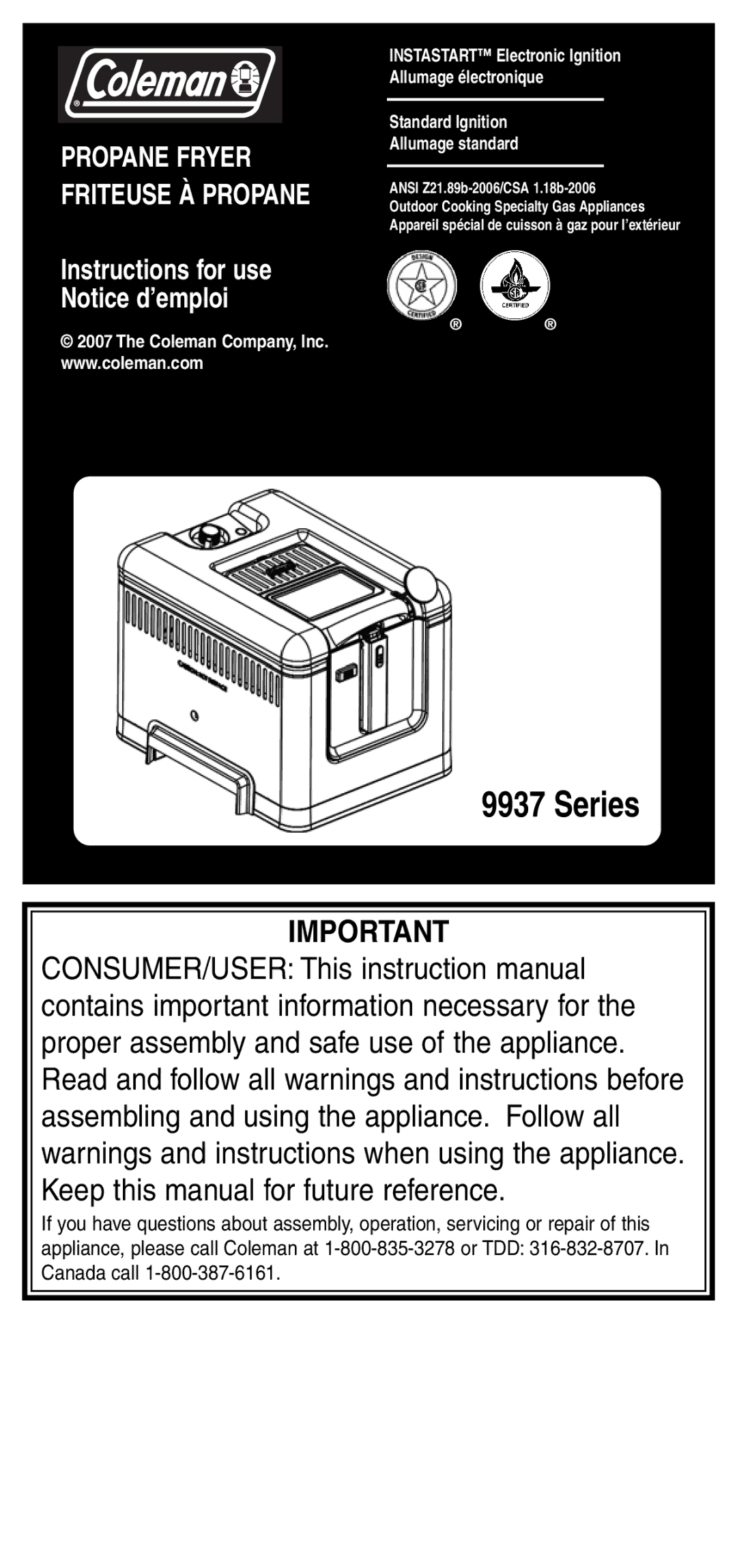 Coleman 9937 instruction manual Series 