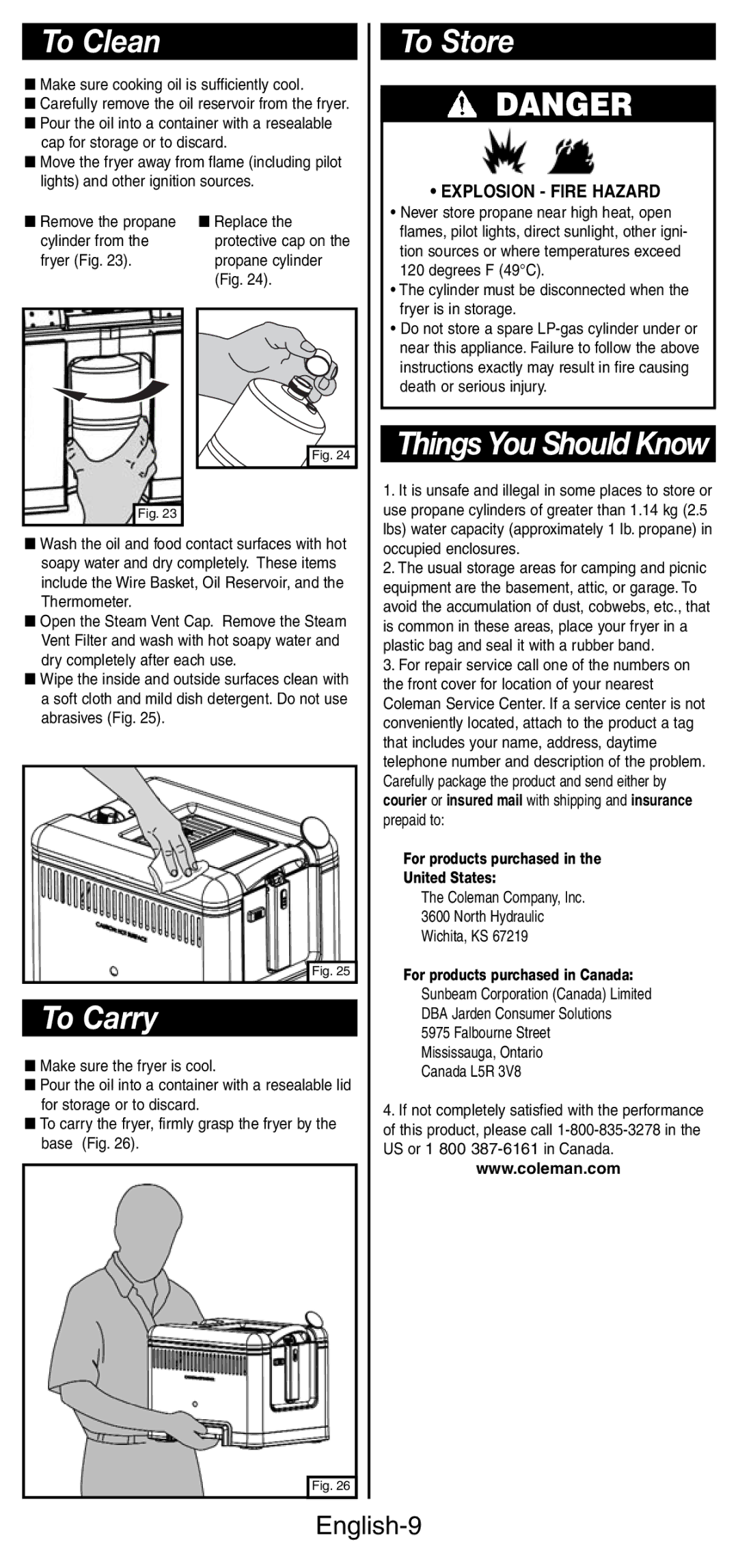 Coleman 9937 instruction manual To Clean, To Carry, To Store, English-9 