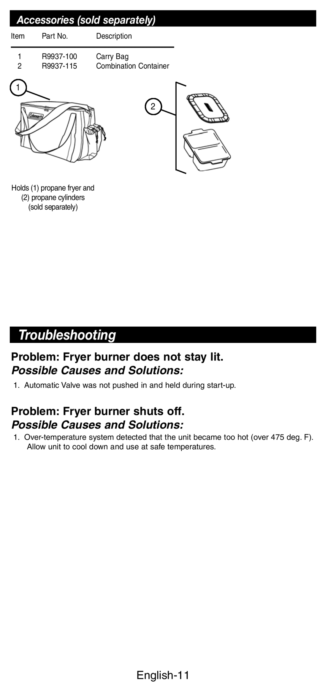 Coleman 9937 instruction manual Troubleshooting, Accessories sold separately, English-11 