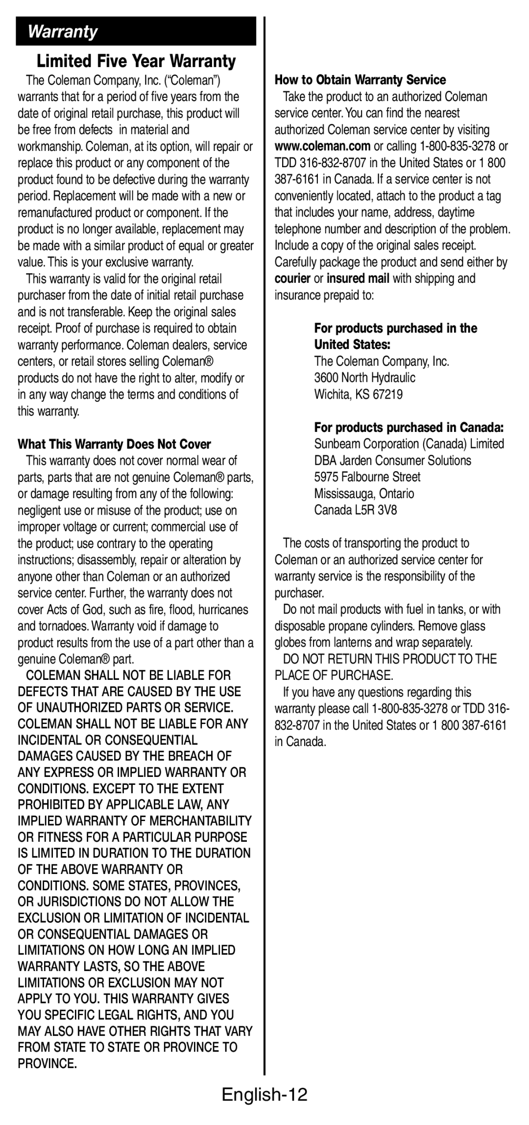 Coleman 9937 instruction manual Warranty, English-12 