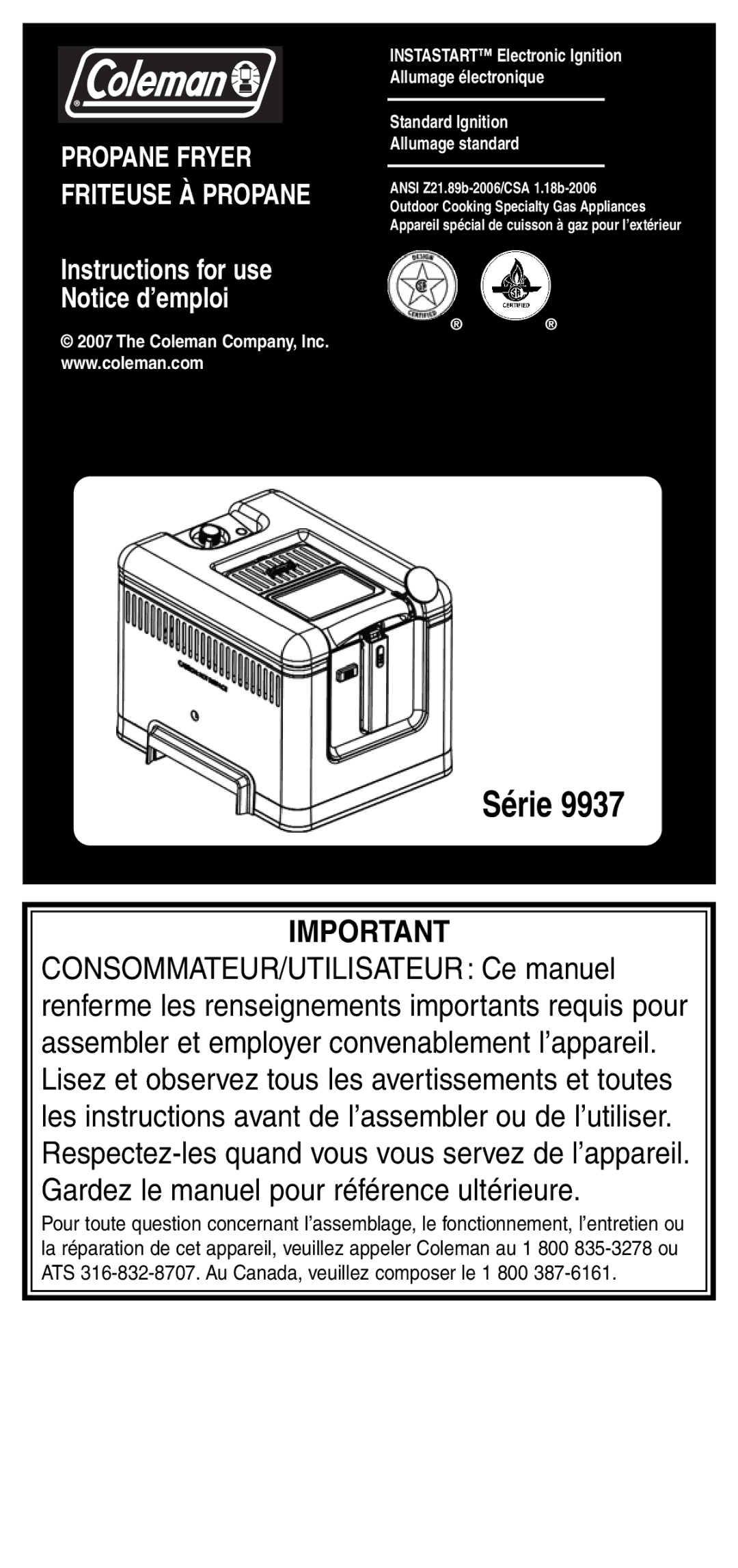 Coleman 9937 instruction manual Série 