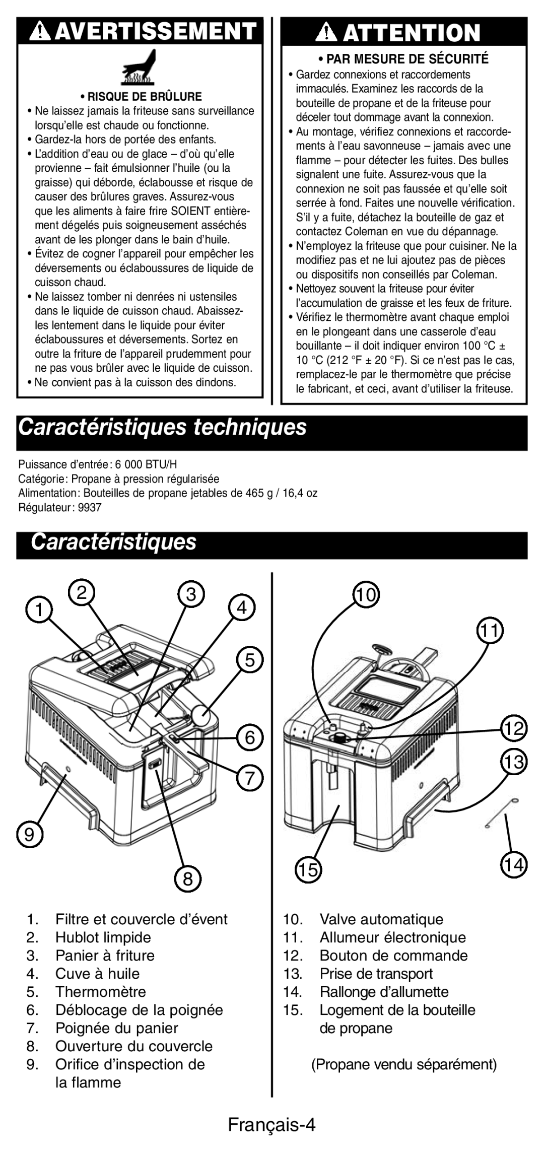 Coleman 9937 instruction manual Caractéristiques techniques, Français-4 