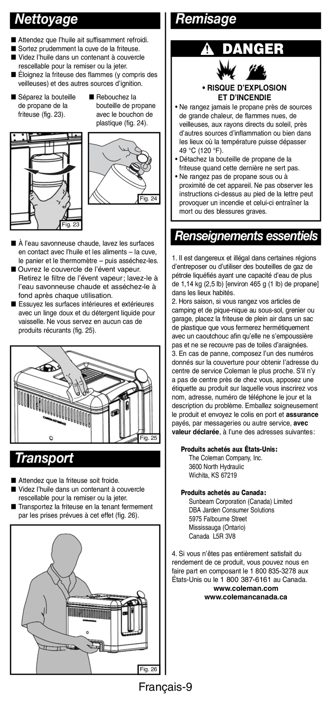 Coleman 9937 instruction manual Nettoyage, Remisage, Transport, Renseignements essentiels, Français-9 