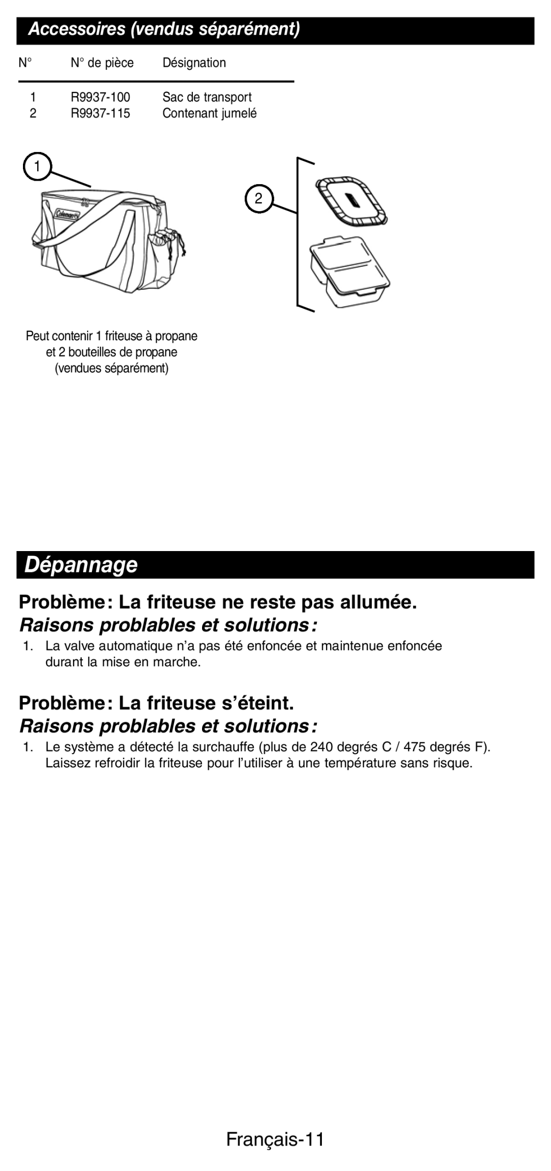 Coleman 9937 instruction manual Accessoires vendus séparément, Français-11 